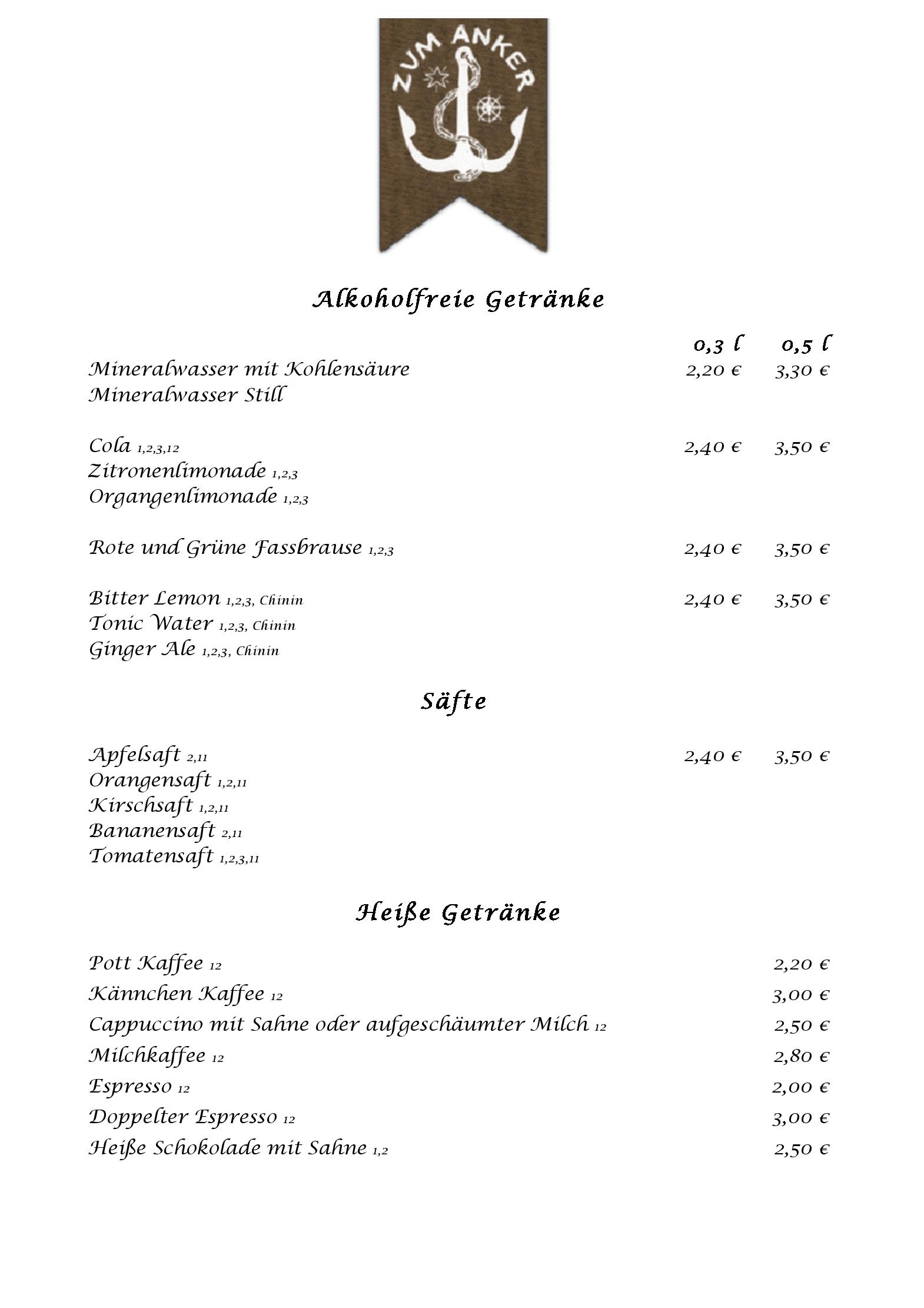 Speisekarte Zum Anker in Magdeburg, Seite 1