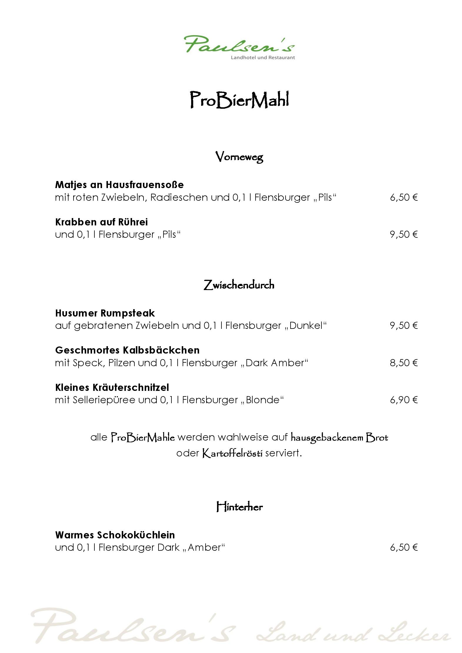 Speisekarte Paulsen´s Landhotel und Restaurant in Bohmstedt , Seite 1