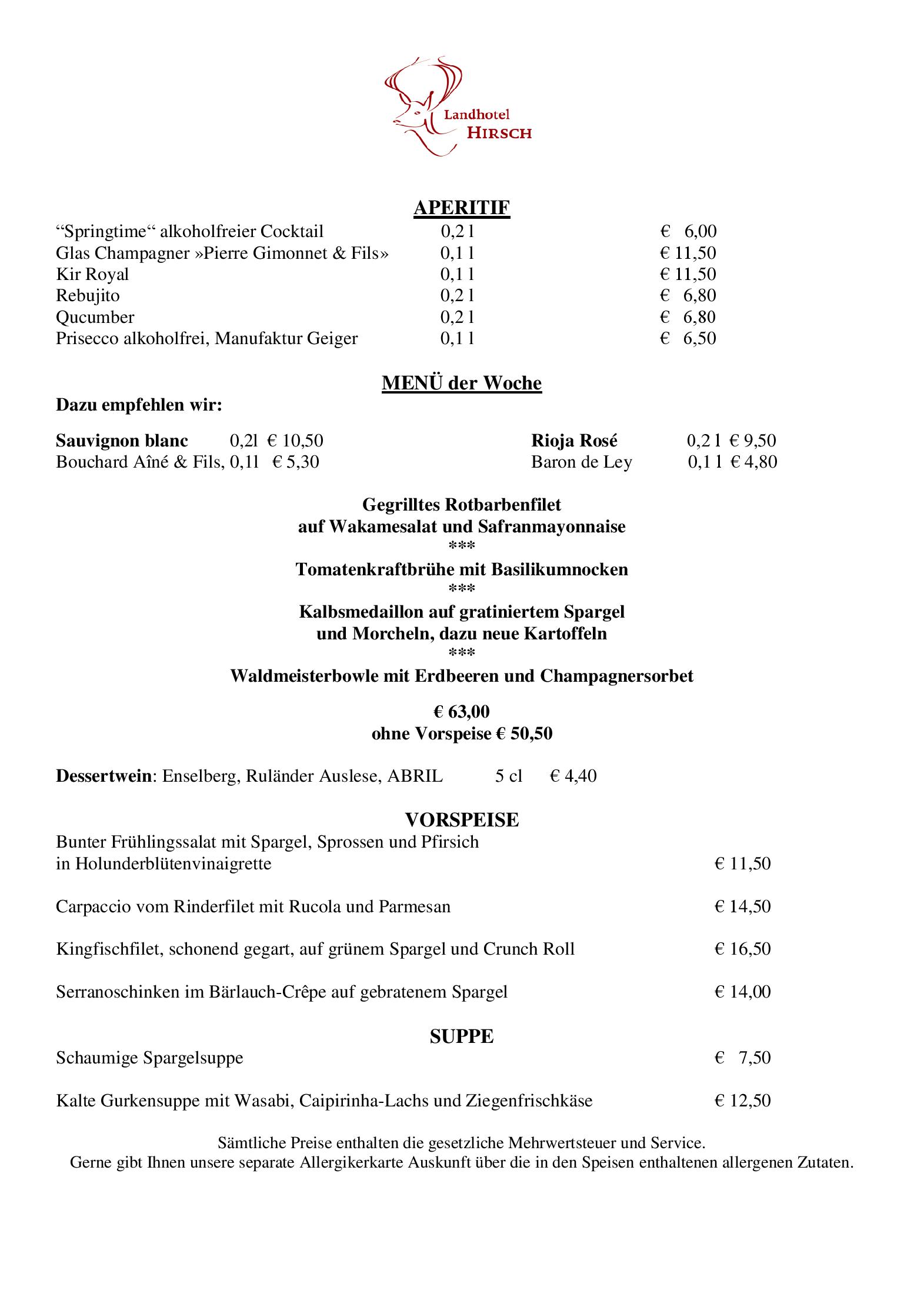 Speisekarte Landhotel Hirsch Bebenhausen in Tübingen, Seite 1