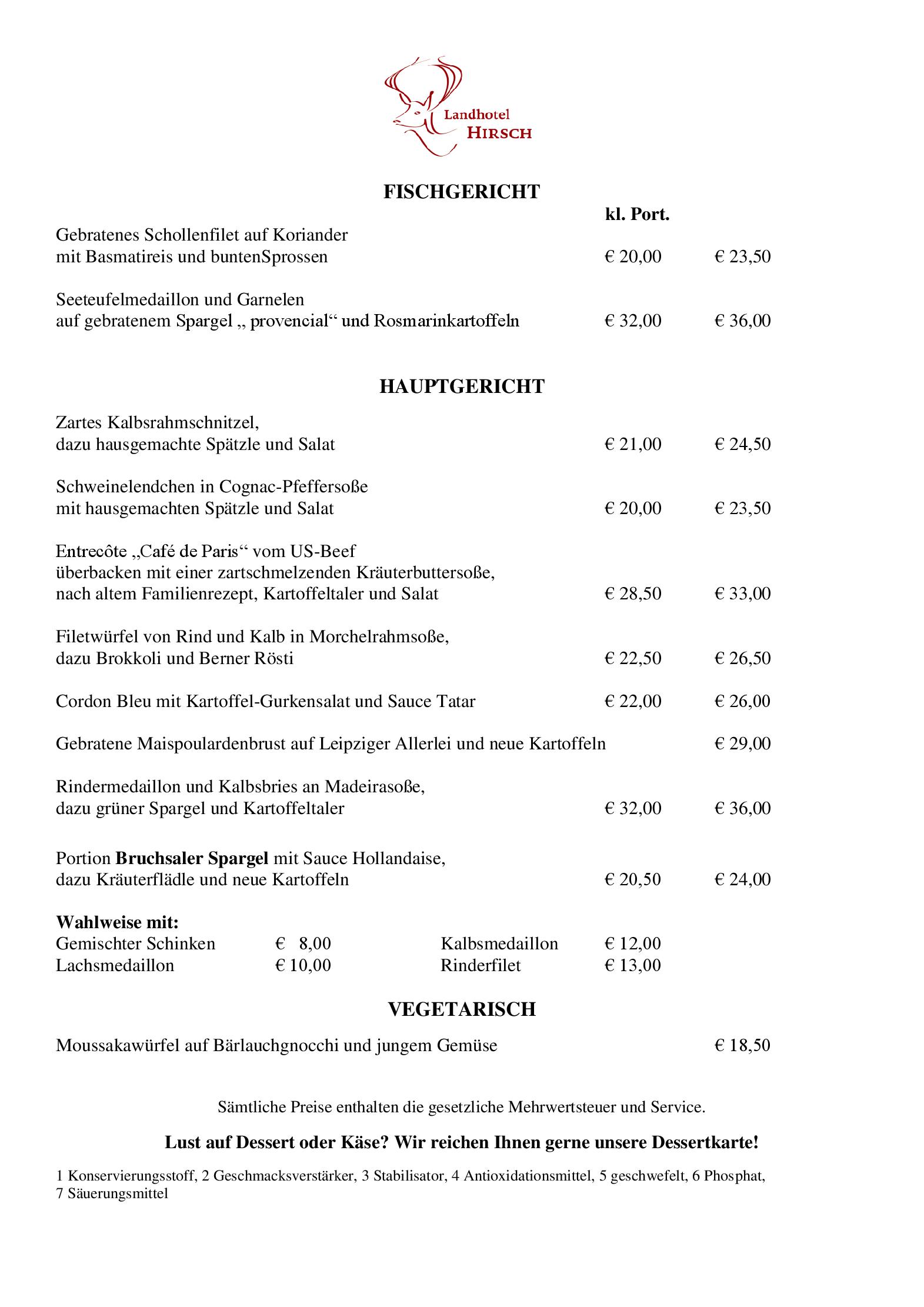 Speisekarte Landhotel Hirsch Bebenhausen in Tübingen, Seite 2