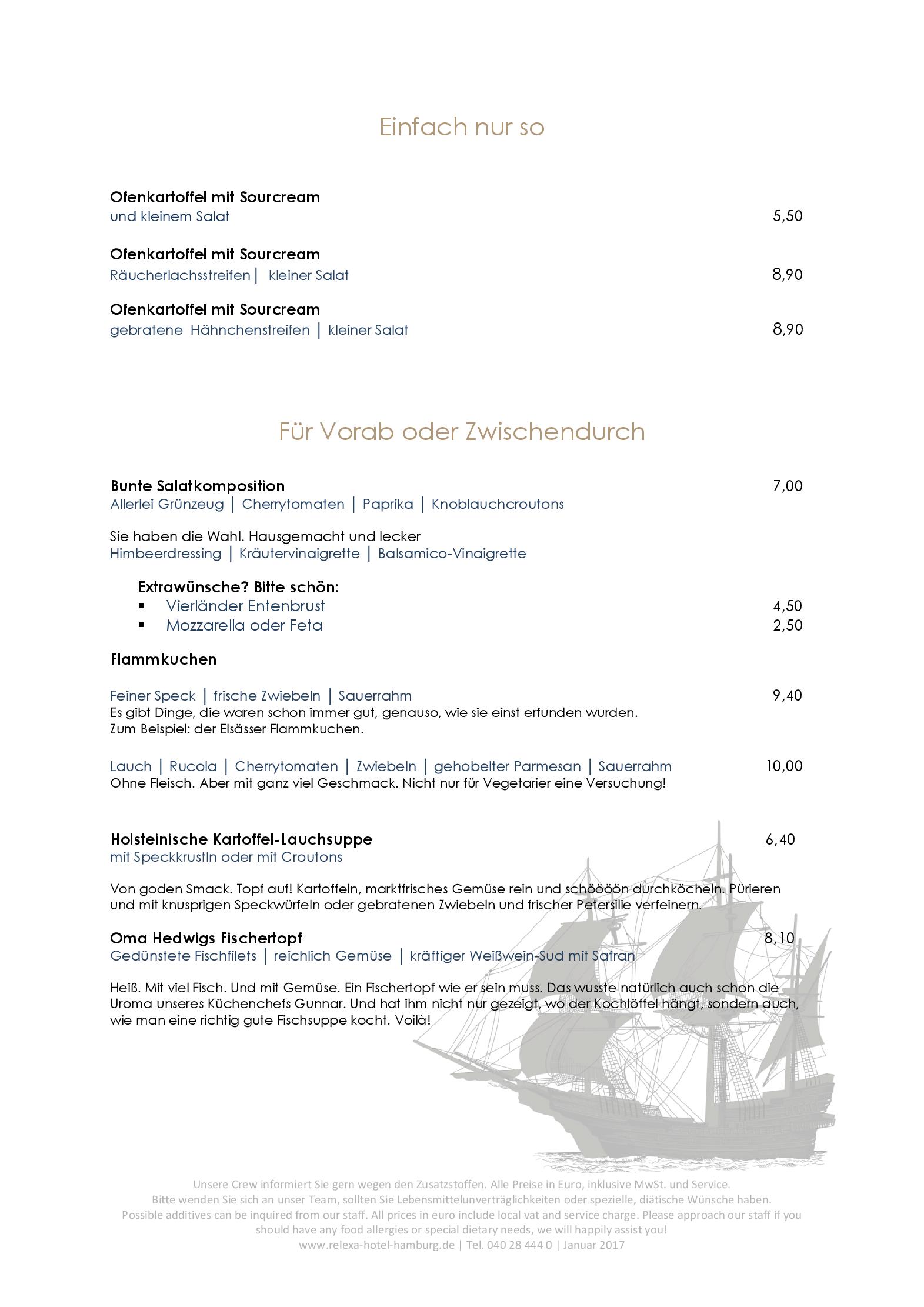 Speisekarte Restaurant Unter Deck im relexa-Hotel Bellevue in Hamburg, Seite 1