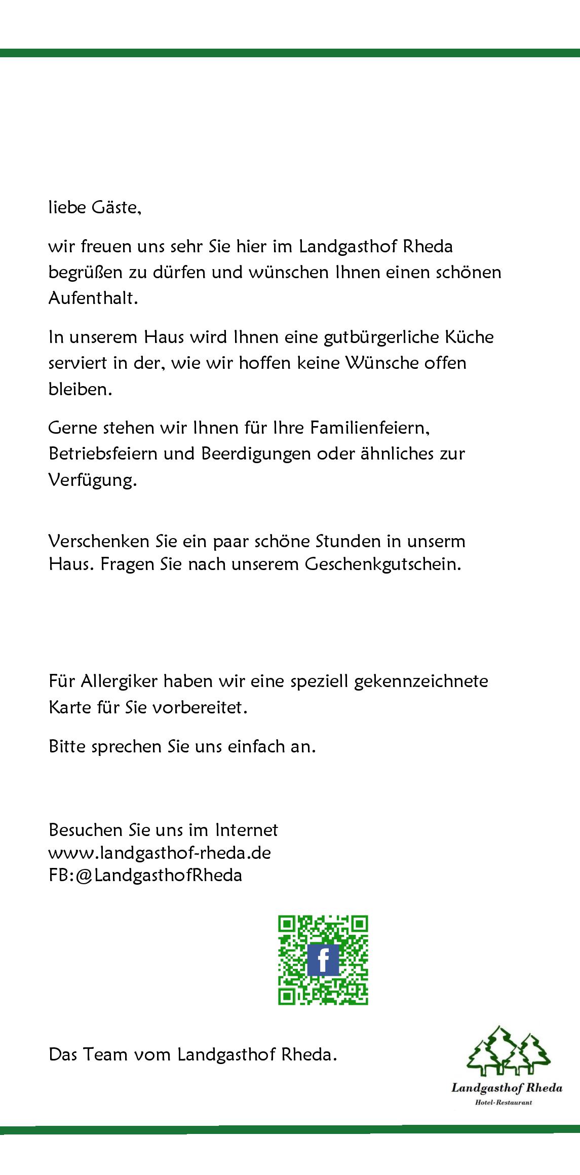 Speisekarte Landgasthof Rheda in Rheda-Wiedenbrück, Seite 1
