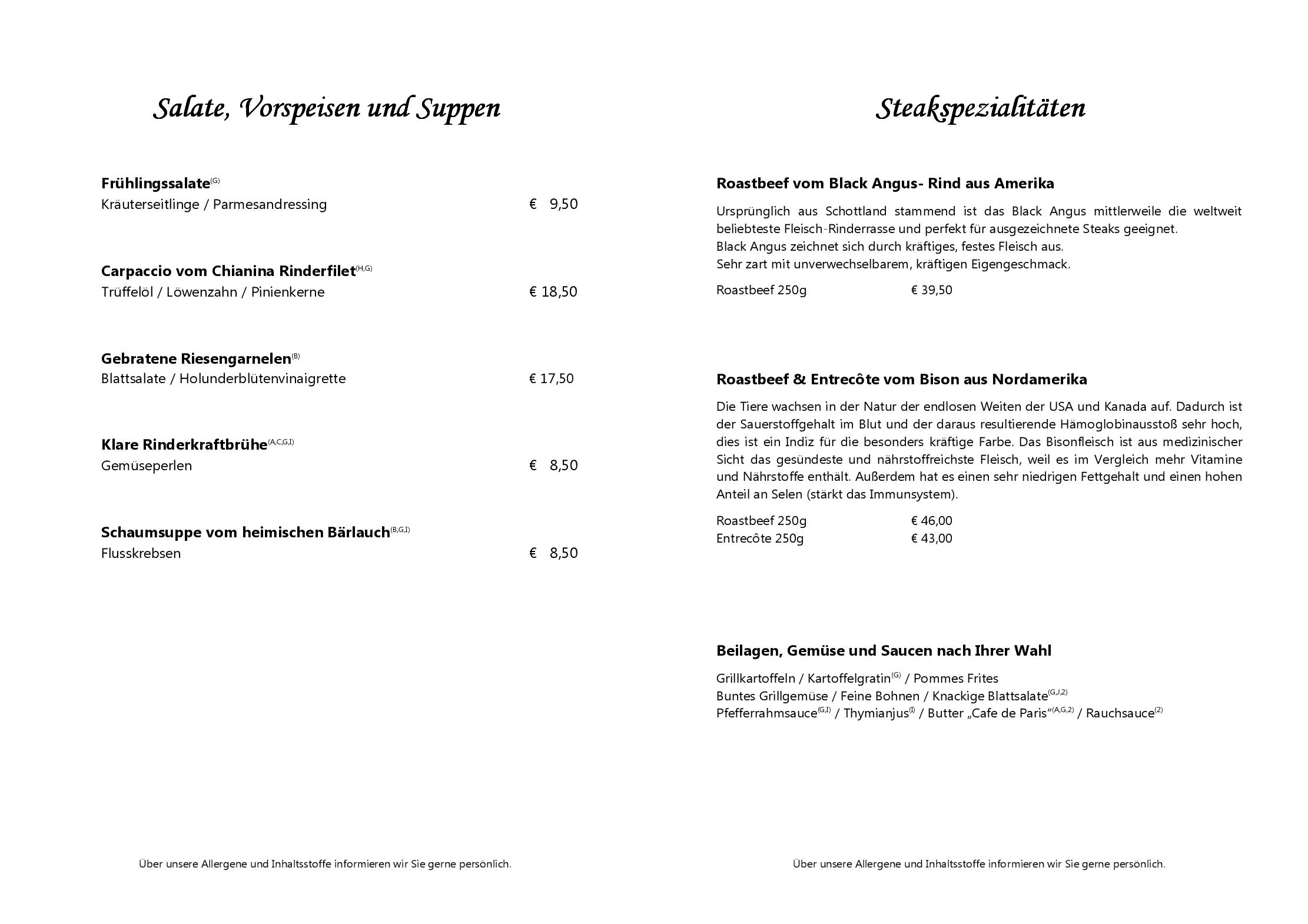 Speisekarte Vier Jahreszeiten am Schluchsee- Restaurant Am Kachelofen in Schluchsee, Seite 1