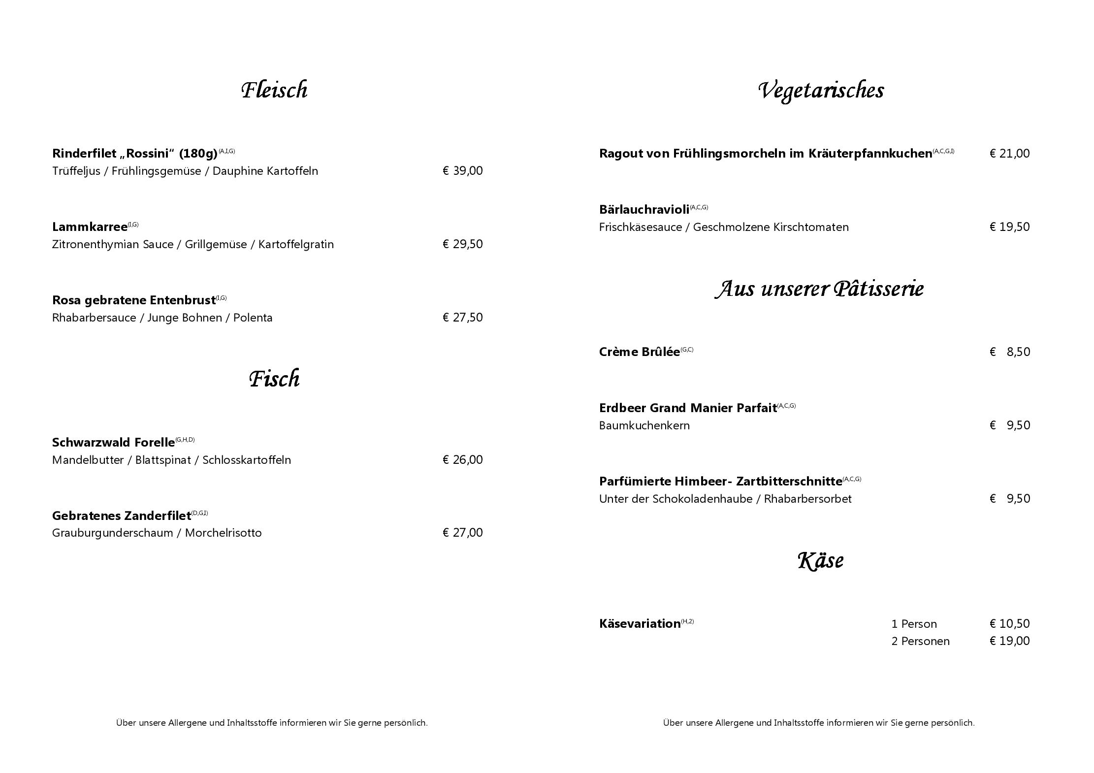 Speisekarte Vier Jahreszeiten am Schluchsee- Restaurant Am Kachelofen in Schluchsee, Seite 2