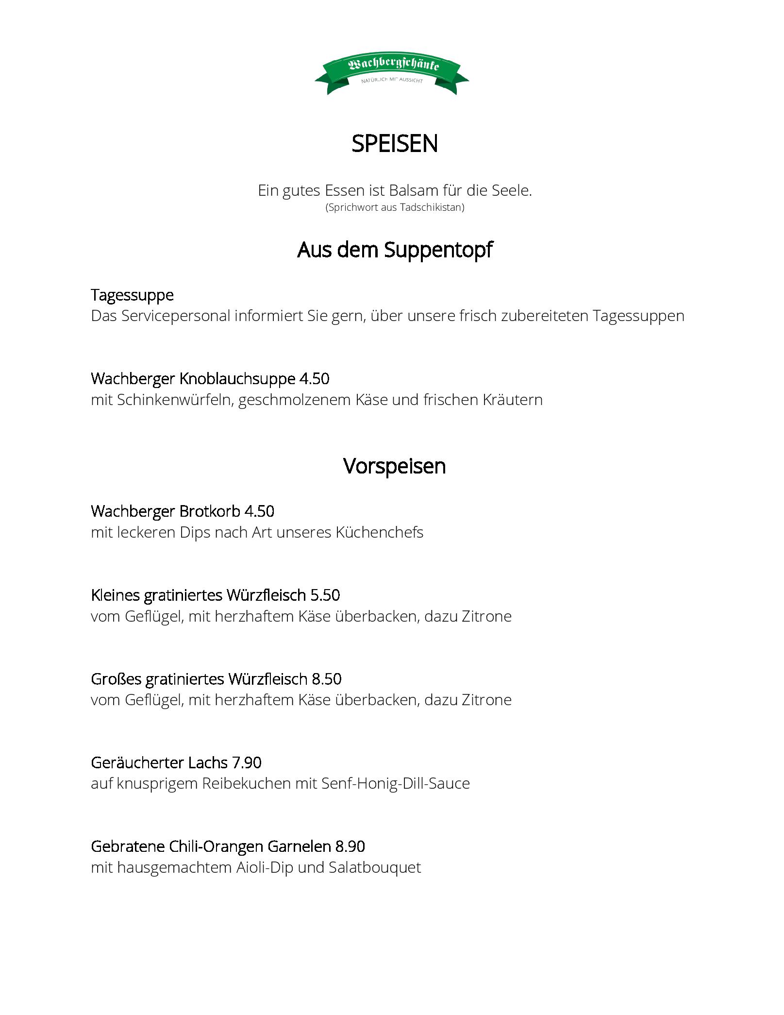 Speisekarte Wachbergschänke in Dresden, Seite 1