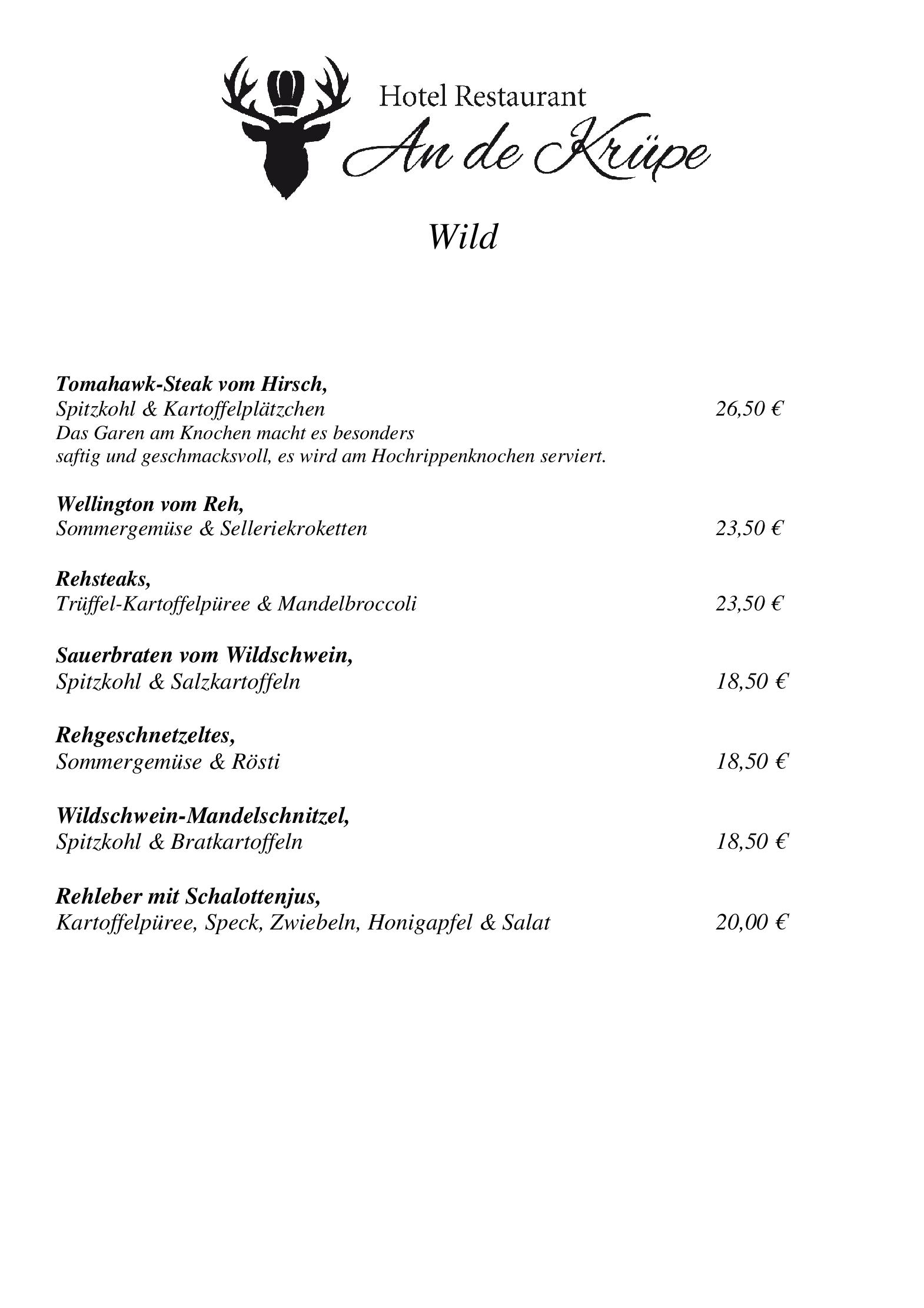 Speisekarte Hotel Restaurant An de Krüpe in Hattingen, Seite 2