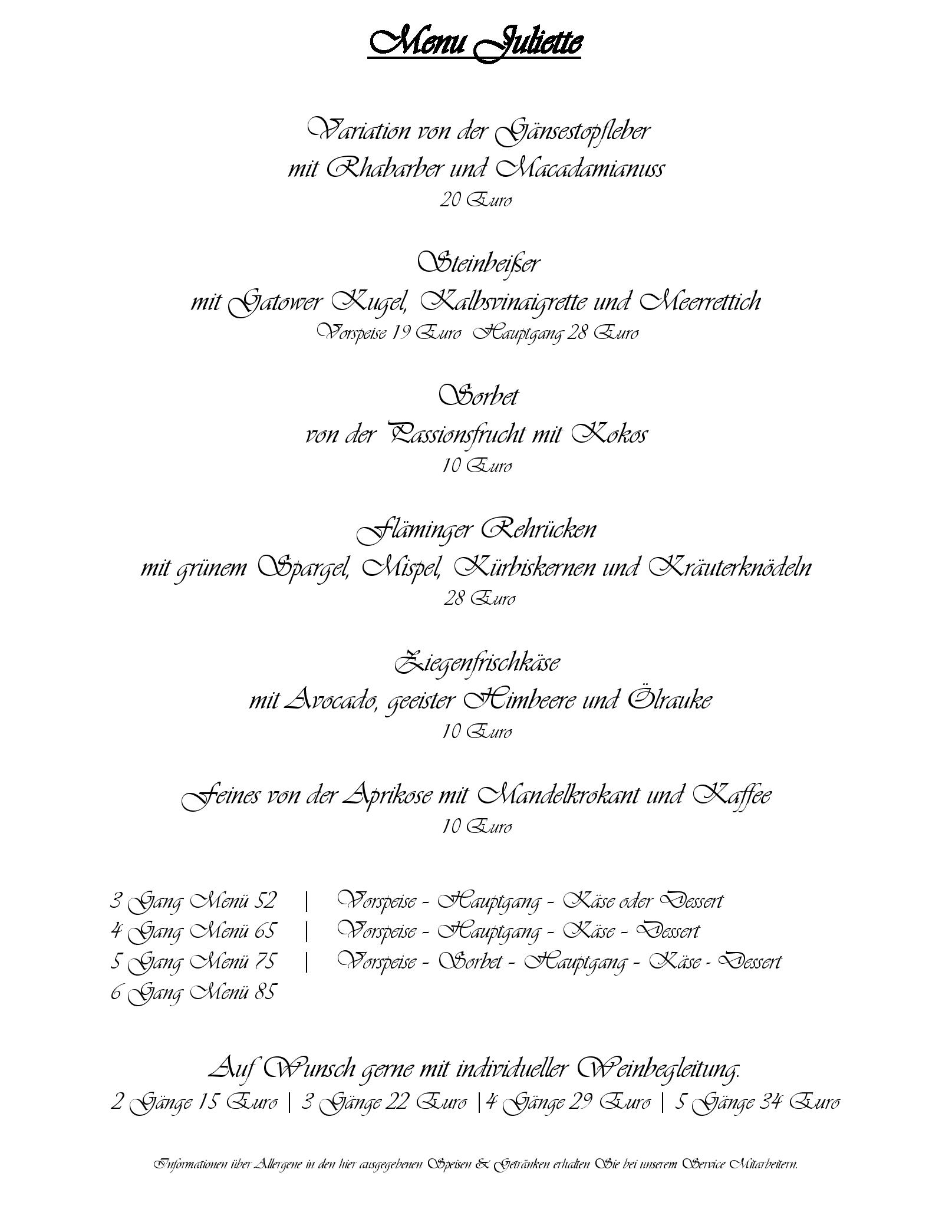 Speisekarte Juliette in Potsdam, Seite 1