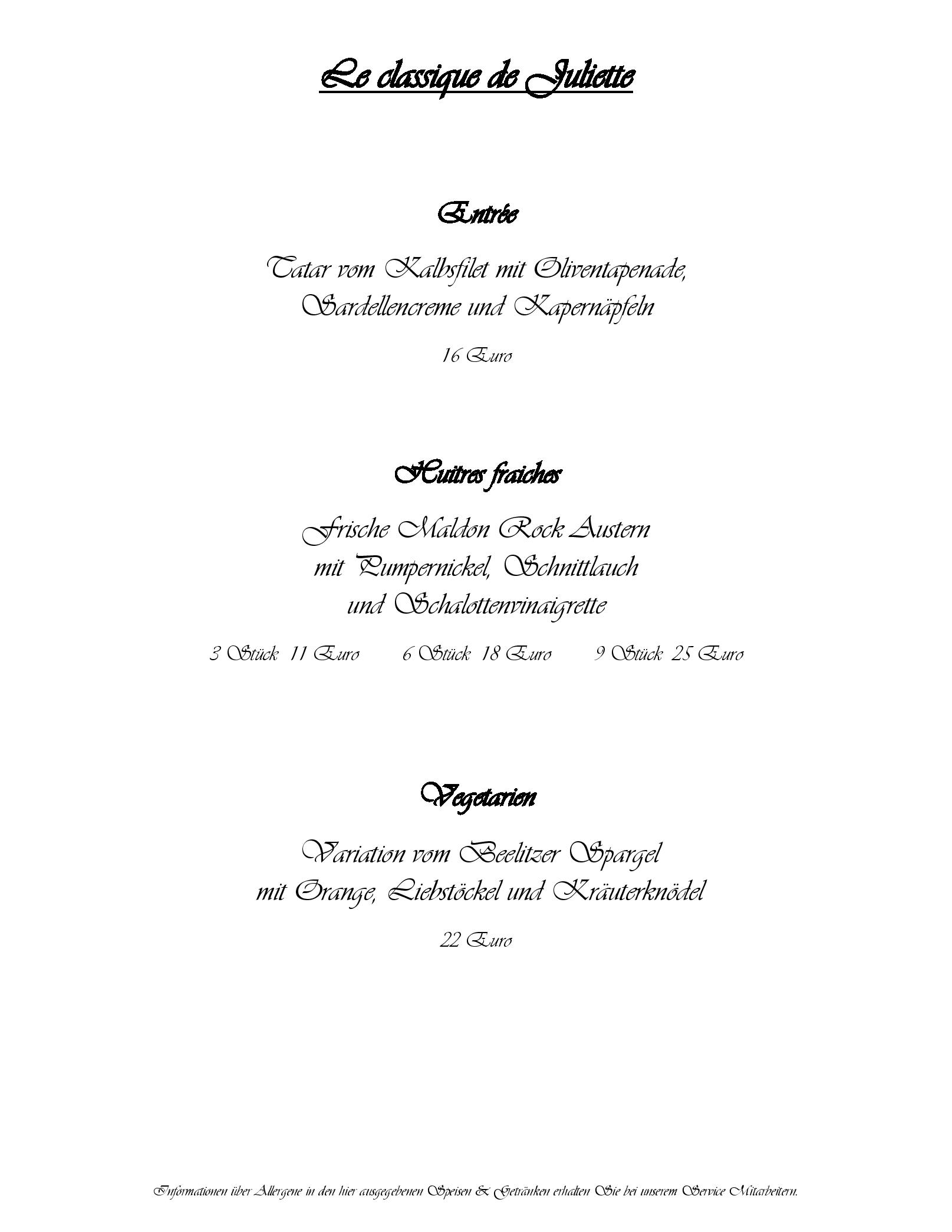 Speisekarte Juliette in Potsdam, Seite 3