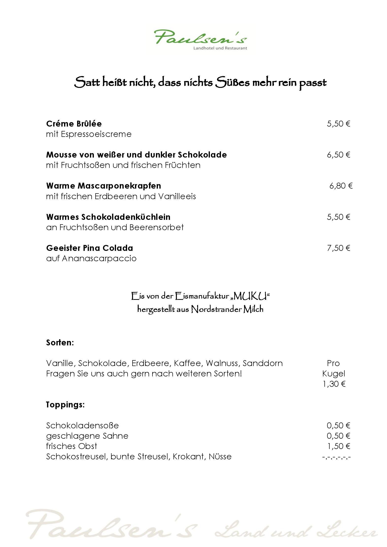 Speisekarte Paulsen´s Landhotel und Restaurant in Bohmstedt , Seite 7