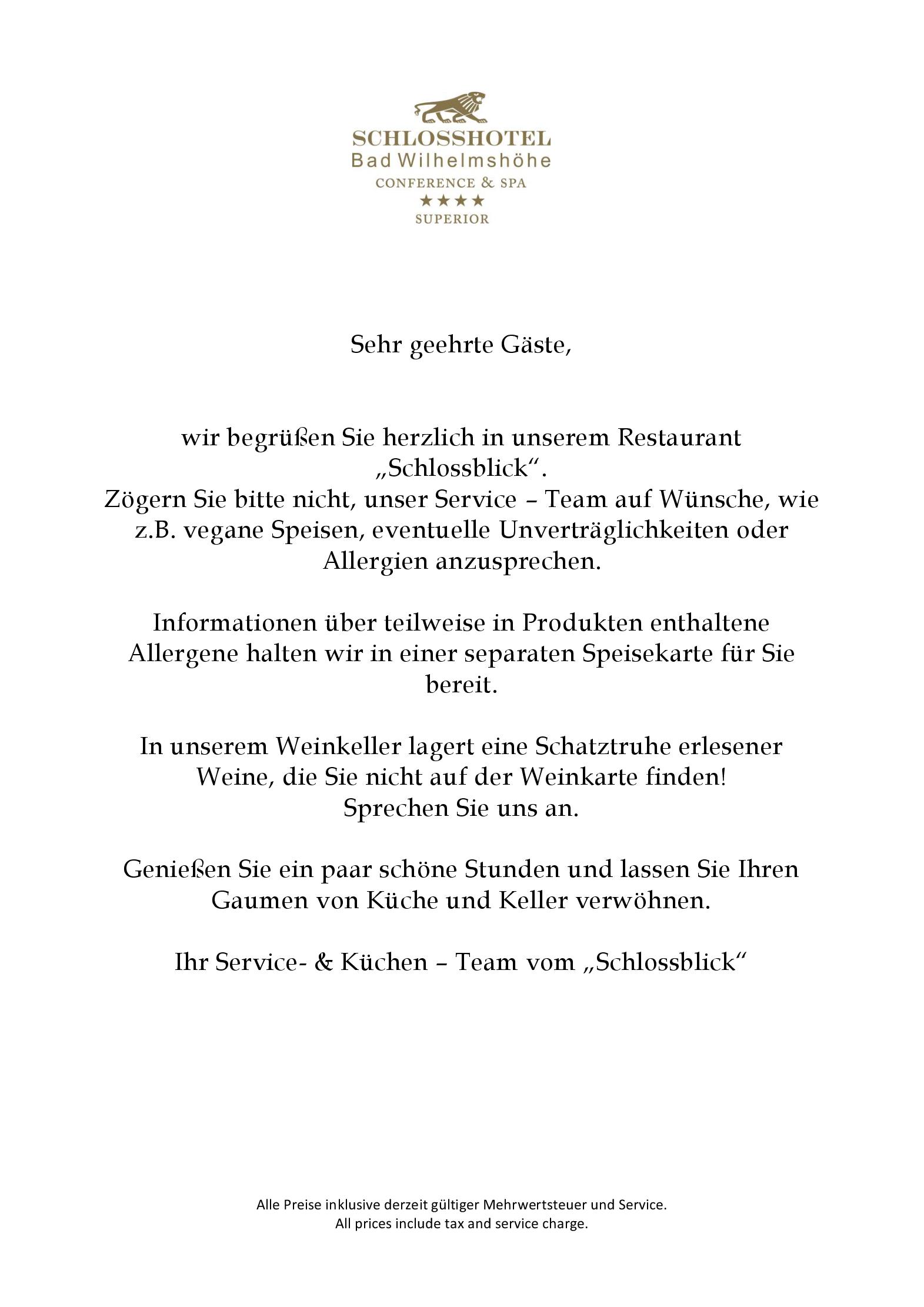 Speisekarte Restaurant Schlossblick im Schlosshotel Bad Wilhelmshöhe in Kassel, Seite 1
