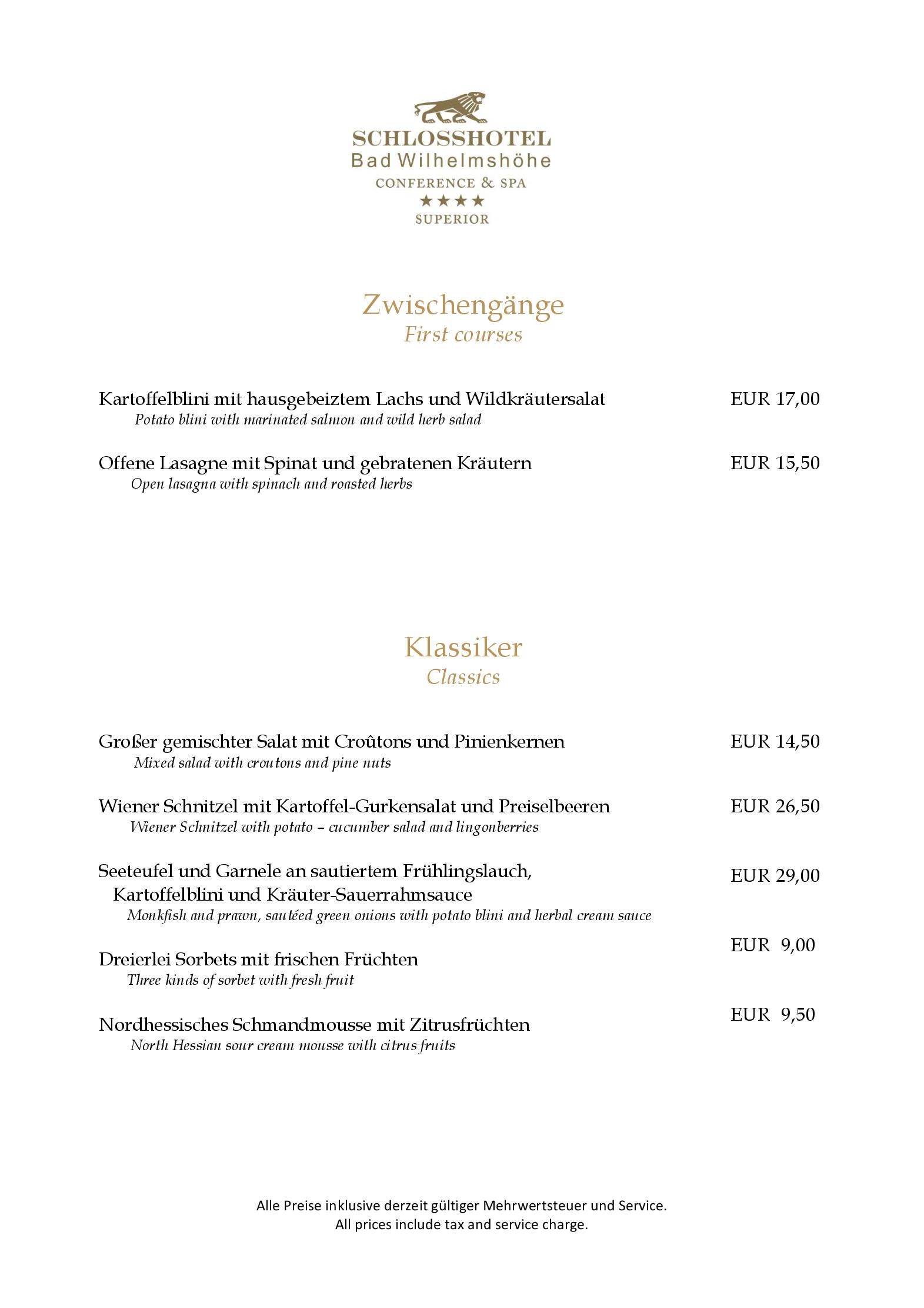 Speisekarte Restaurant Schlossblick im Schlosshotel Bad Wilhelmshöhe in Kassel, Seite 3