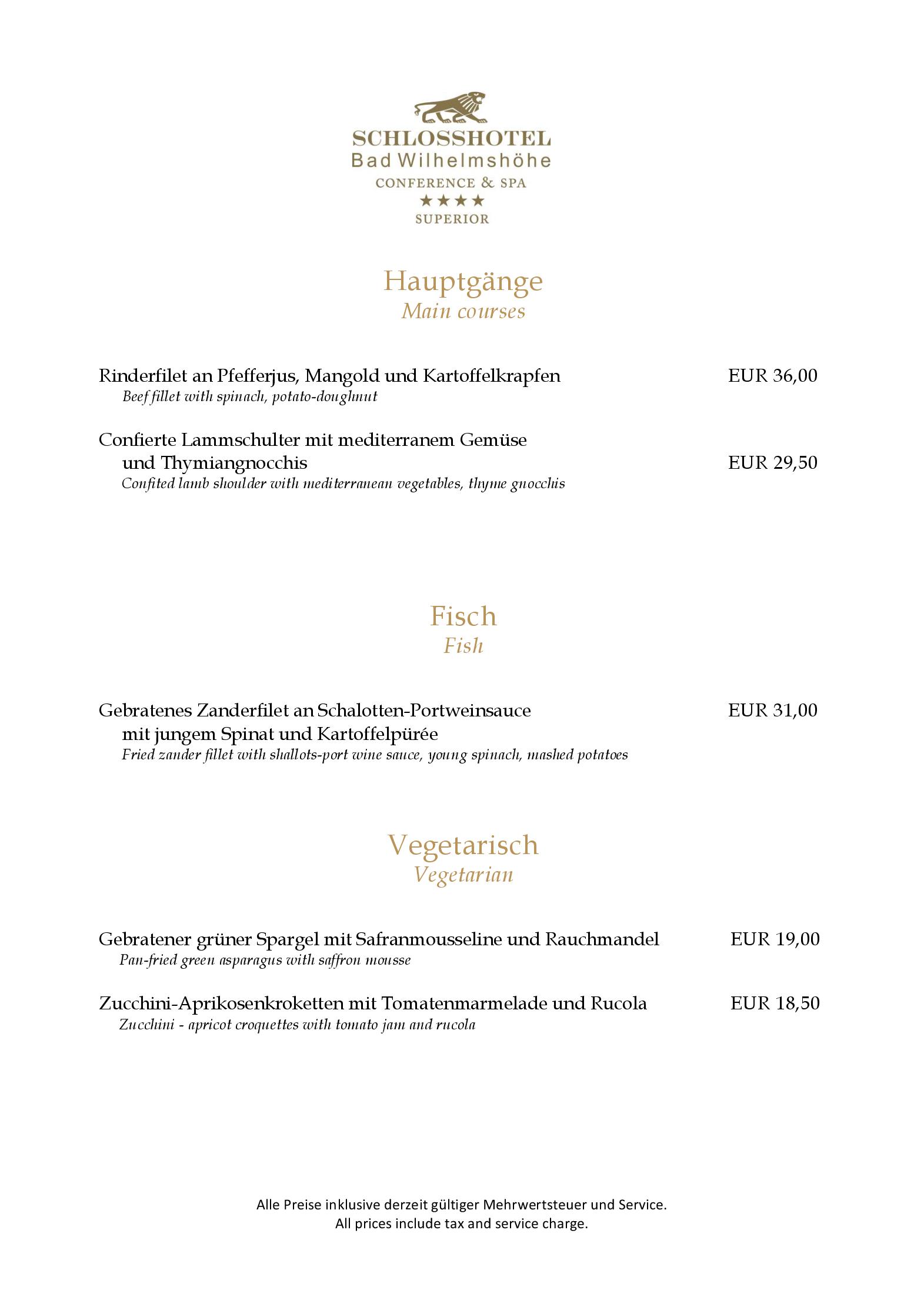 Speisekarte Restaurant Schlossblick im Schlosshotel Bad Wilhelmshöhe in Kassel, Seite 4