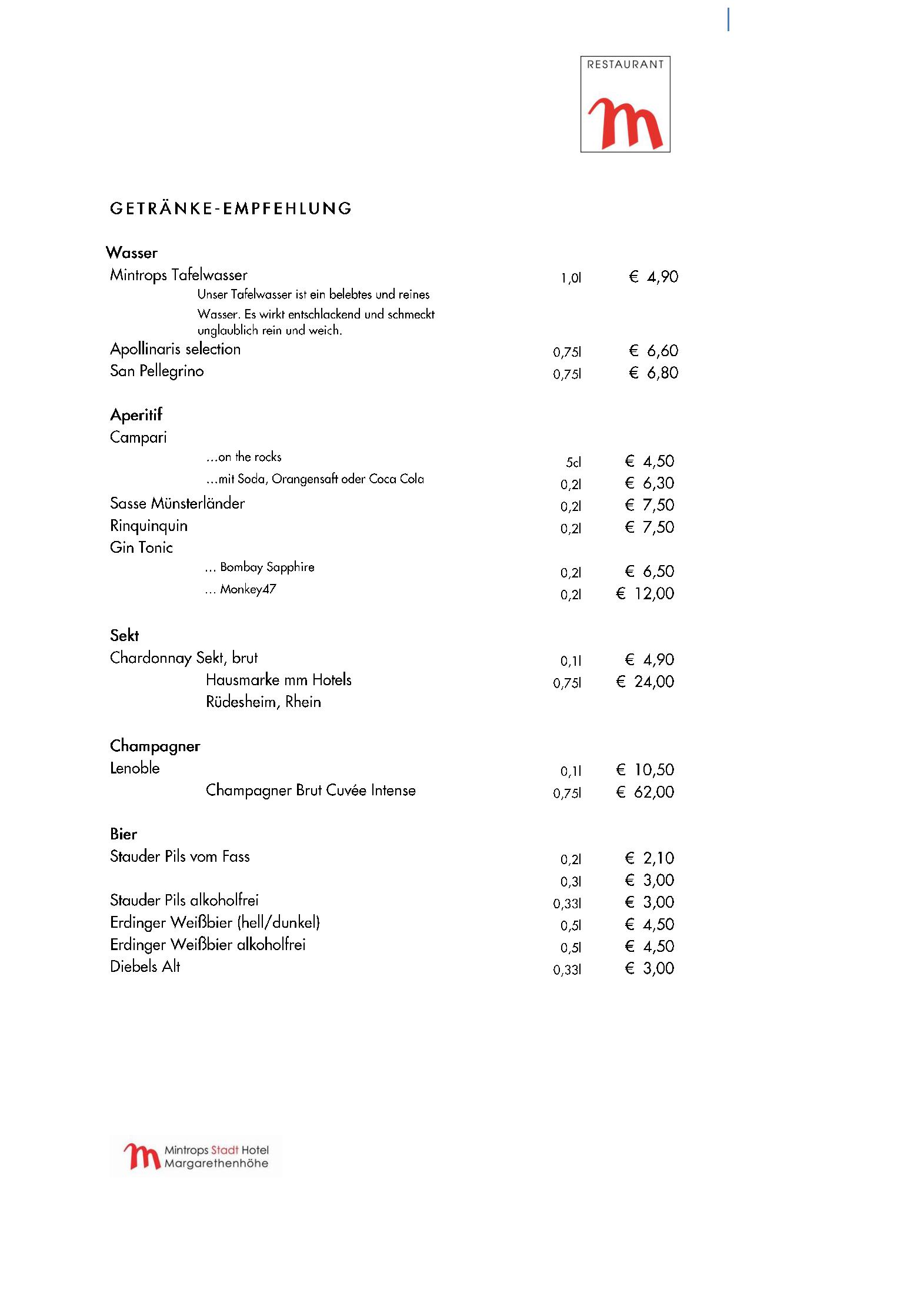 Speisekarte Mintrops Stadt Hotel - Restaurant M in Essen, Seite 1