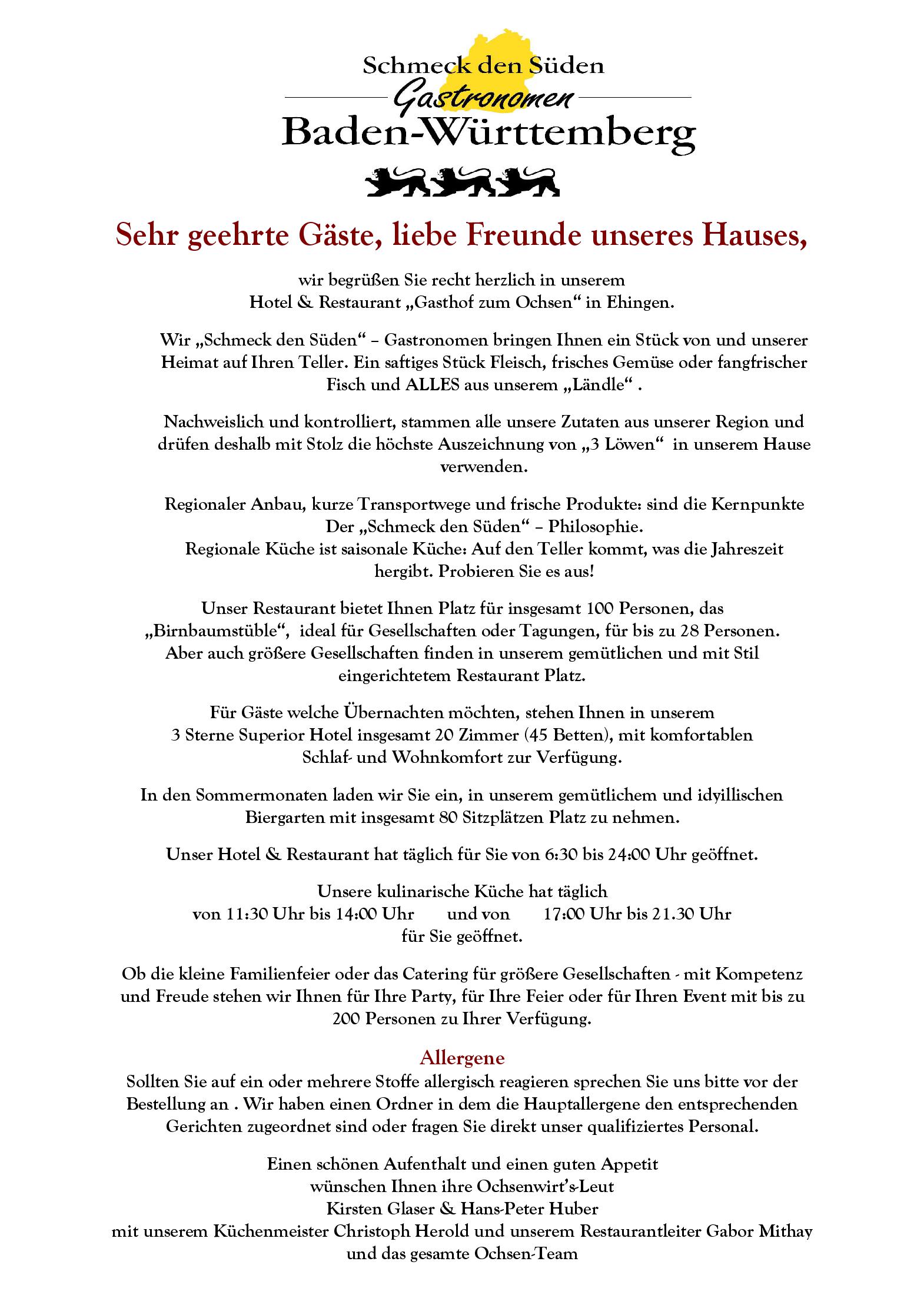 Speisekarte Hotel-Restaurant Gasthof zum Ochsen in Ehingen, Seite 1