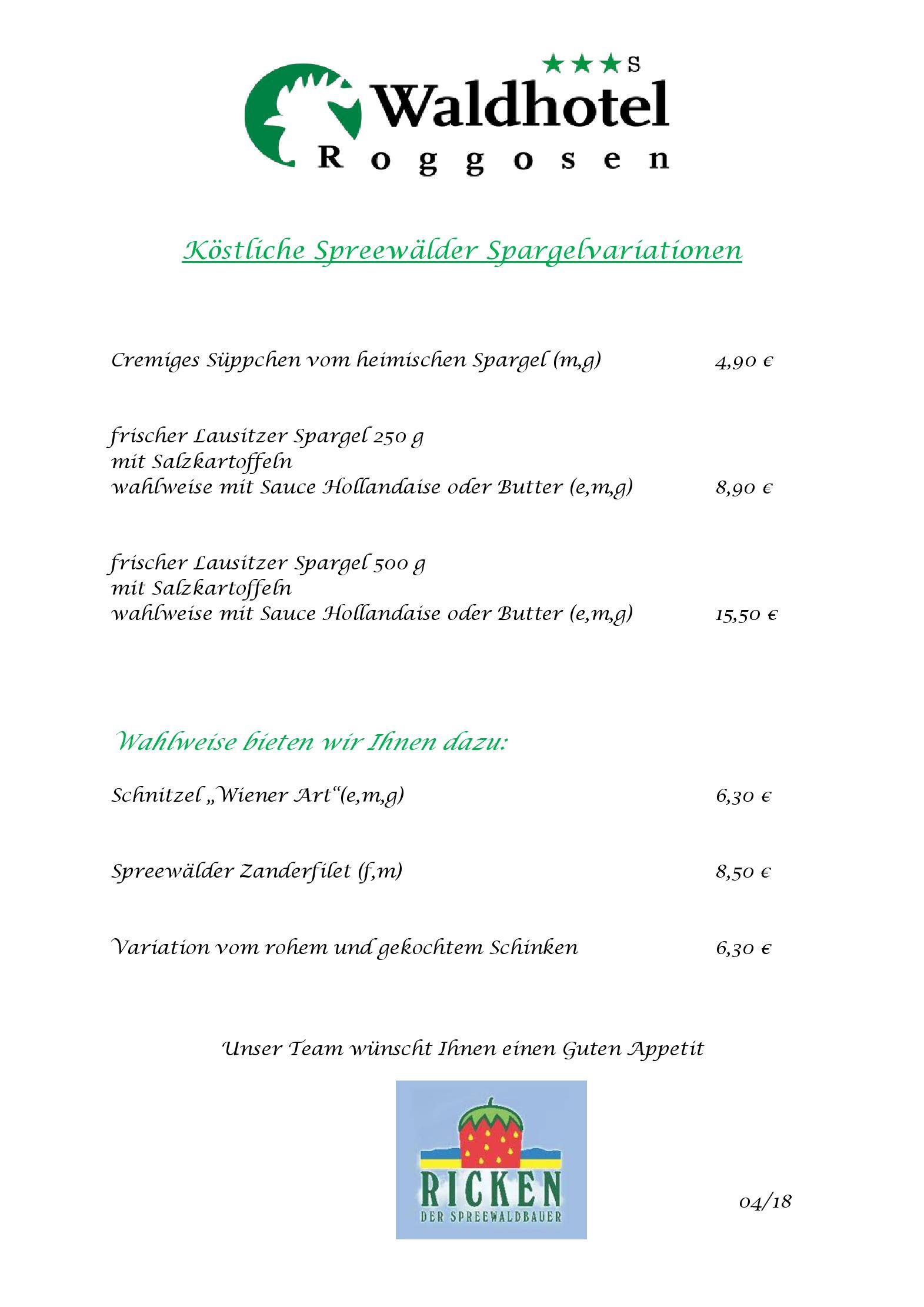 Speisekarte Waldhotel Roggosen Heike Ehlenberger GmbH in Neuhausen, Seite 1
