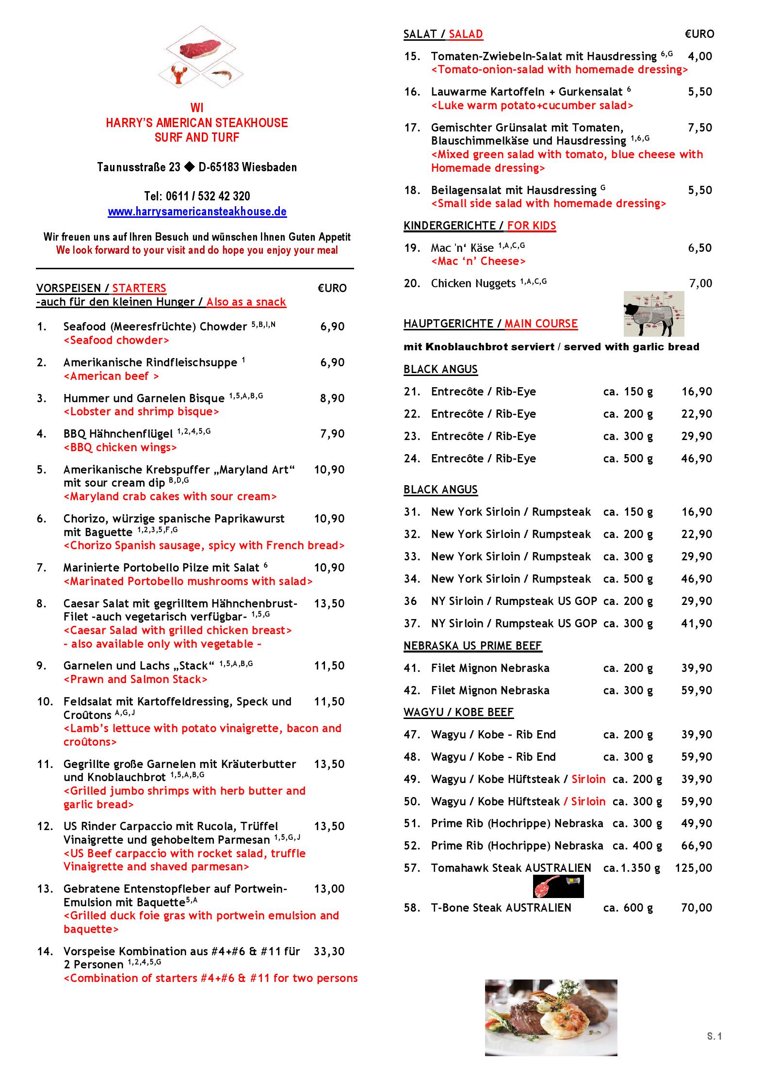 Speisekarte WI HARRY'S AMERICAN STEAKHOUSE SURF & TURF in Wiesbaden, Seite 1
