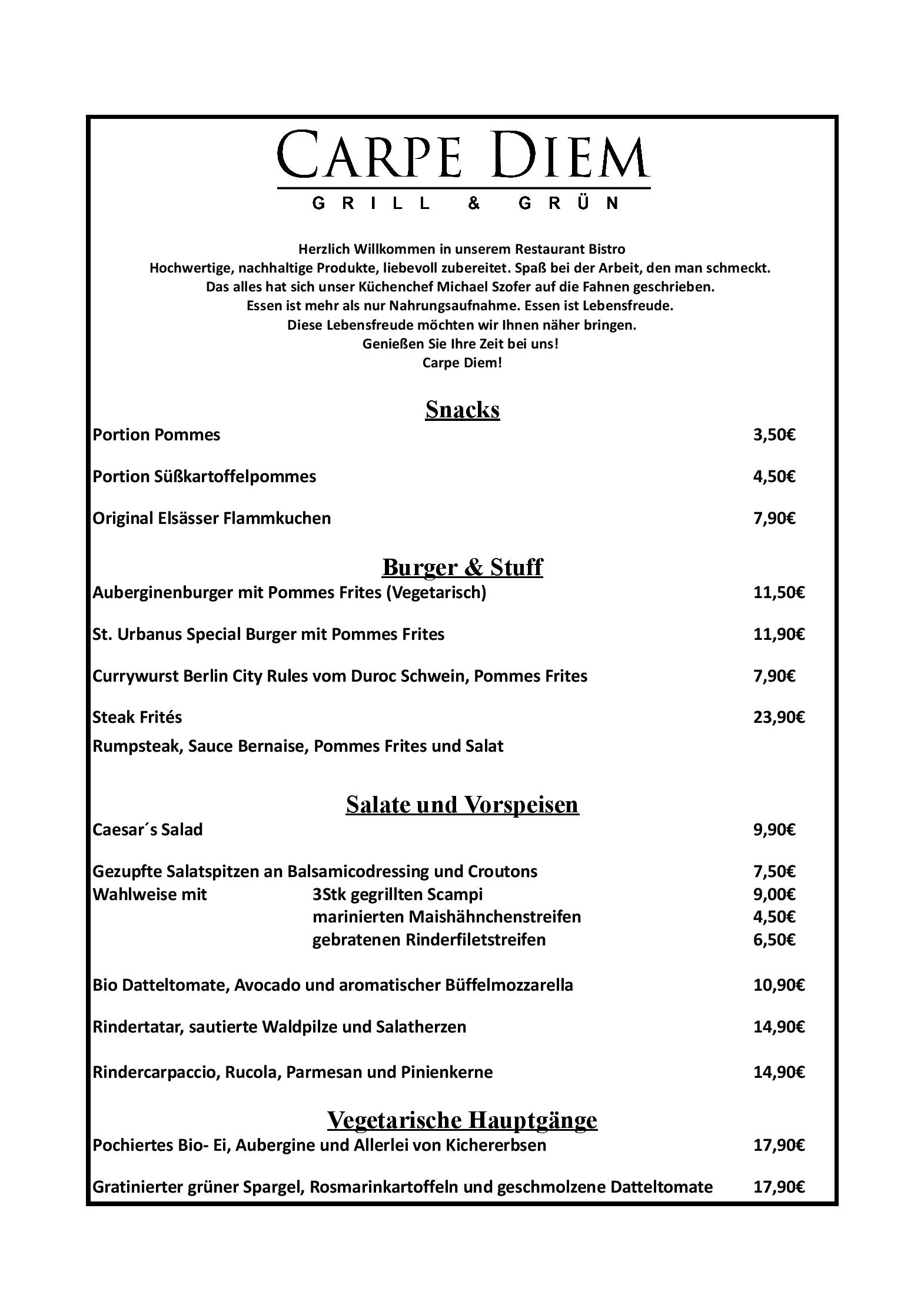 Speisekarte CARPE DIEM Grill&Grün in Köln, Seite 1