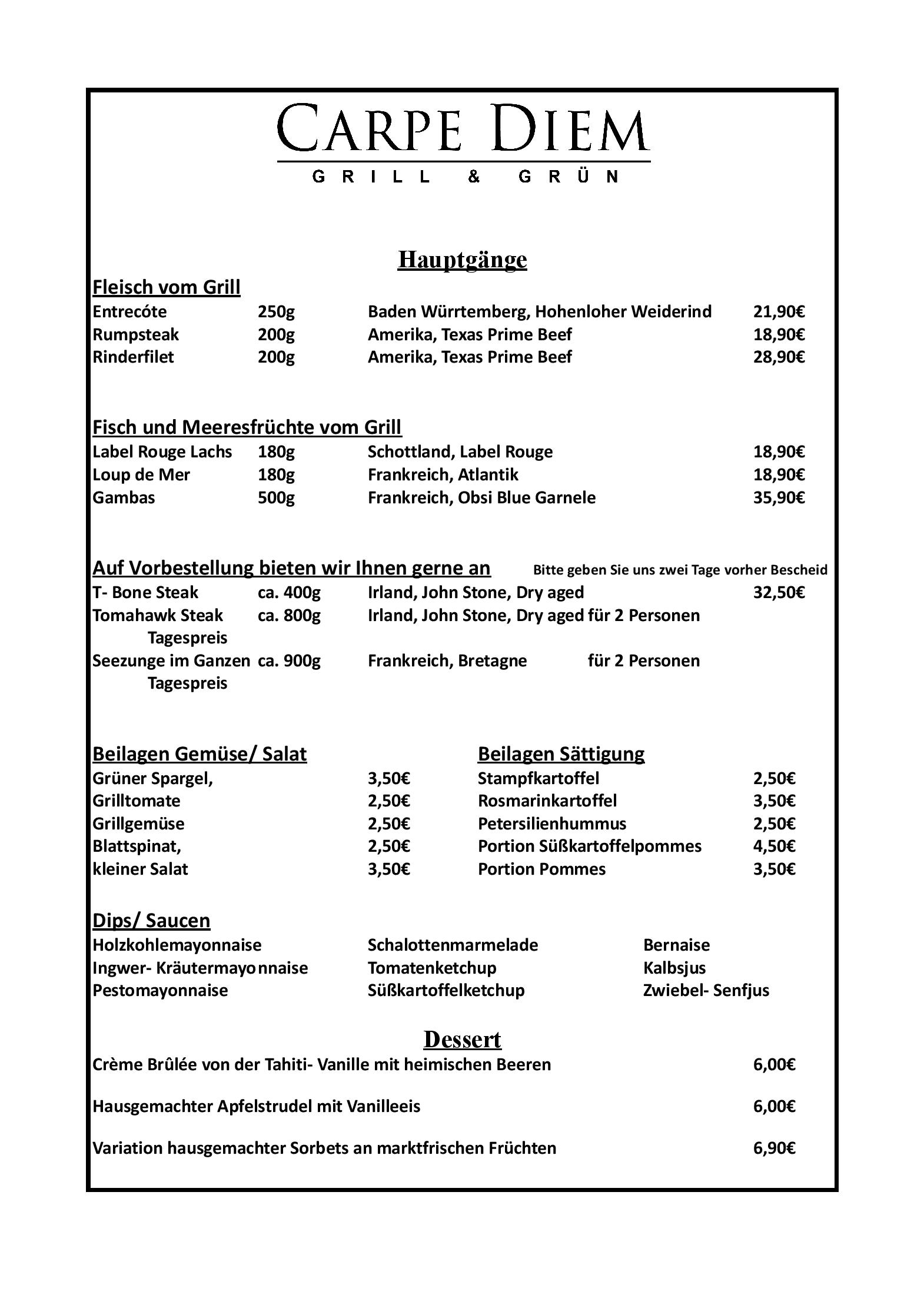 Speisekarte CARPE DIEM Grill&Grün in Köln, Seite 4