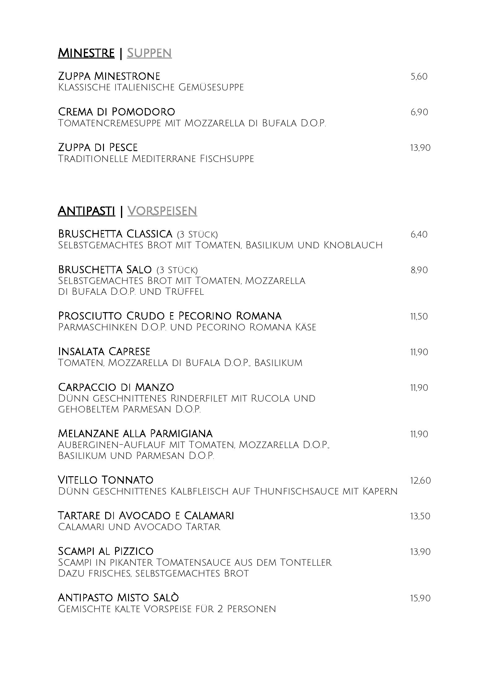 Speisekarte Salo Restaurant und Pizziera in München, Seite 1
