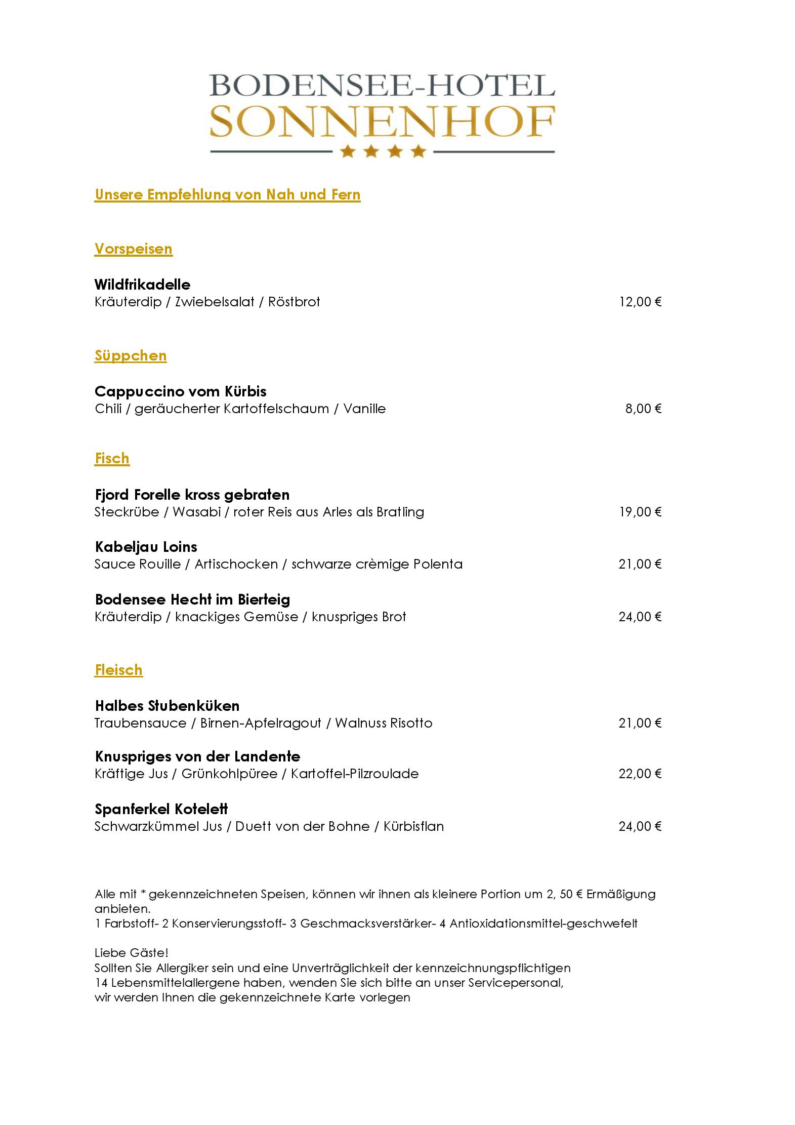 Speisekarte Restaurant Sonnenhof in Kressbronn am Bodensee, Seite 1