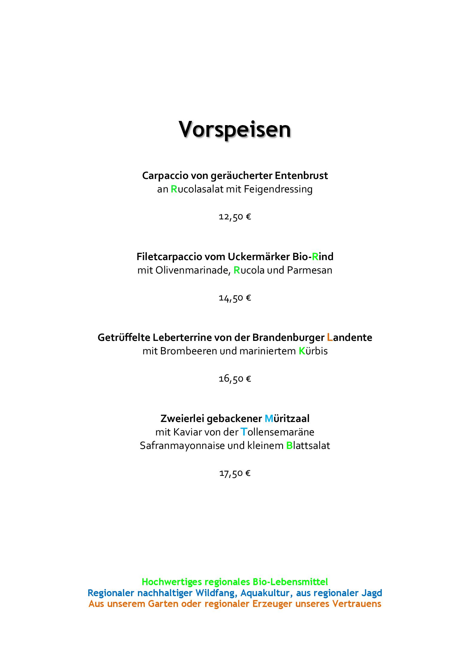 Speisekarte Bornmühle in Groß Nemerow, Seite 1