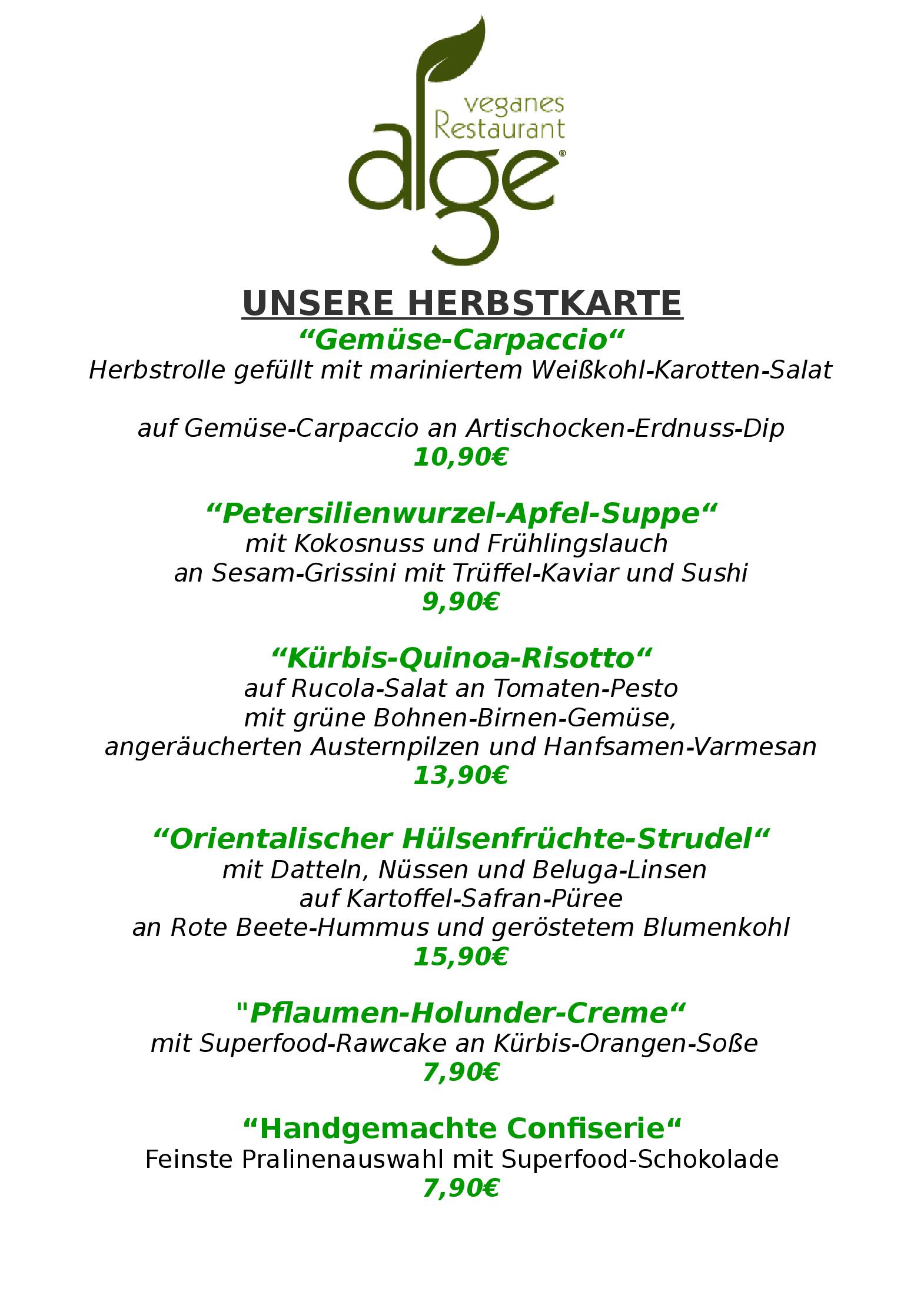 Speisekarte Alge Restaurant Mönchengladbach in Mönchengladbach, Seite 1