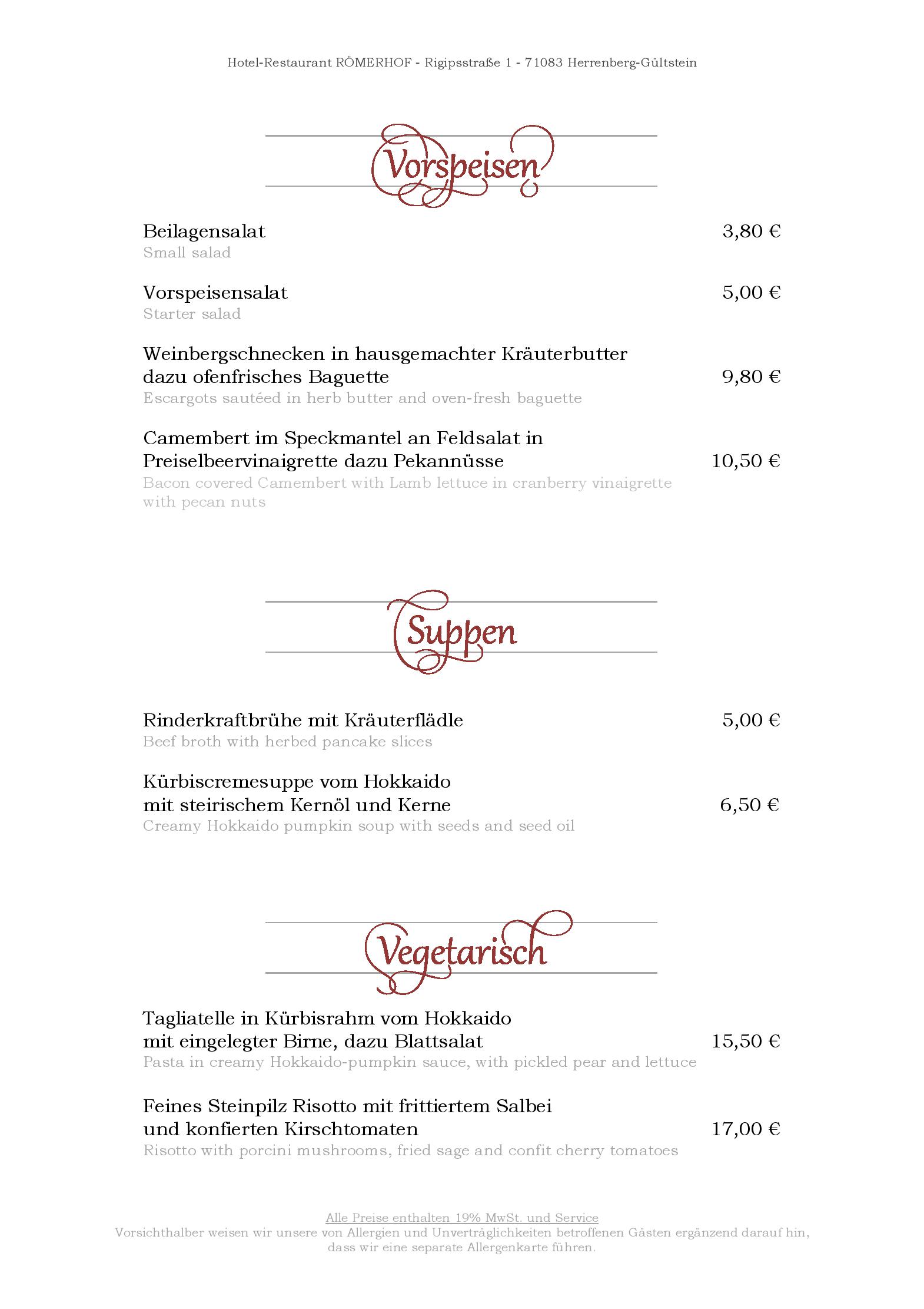 Speisekarte Hotel-Restaurant Römerhof in Herrenberg, Seite 1