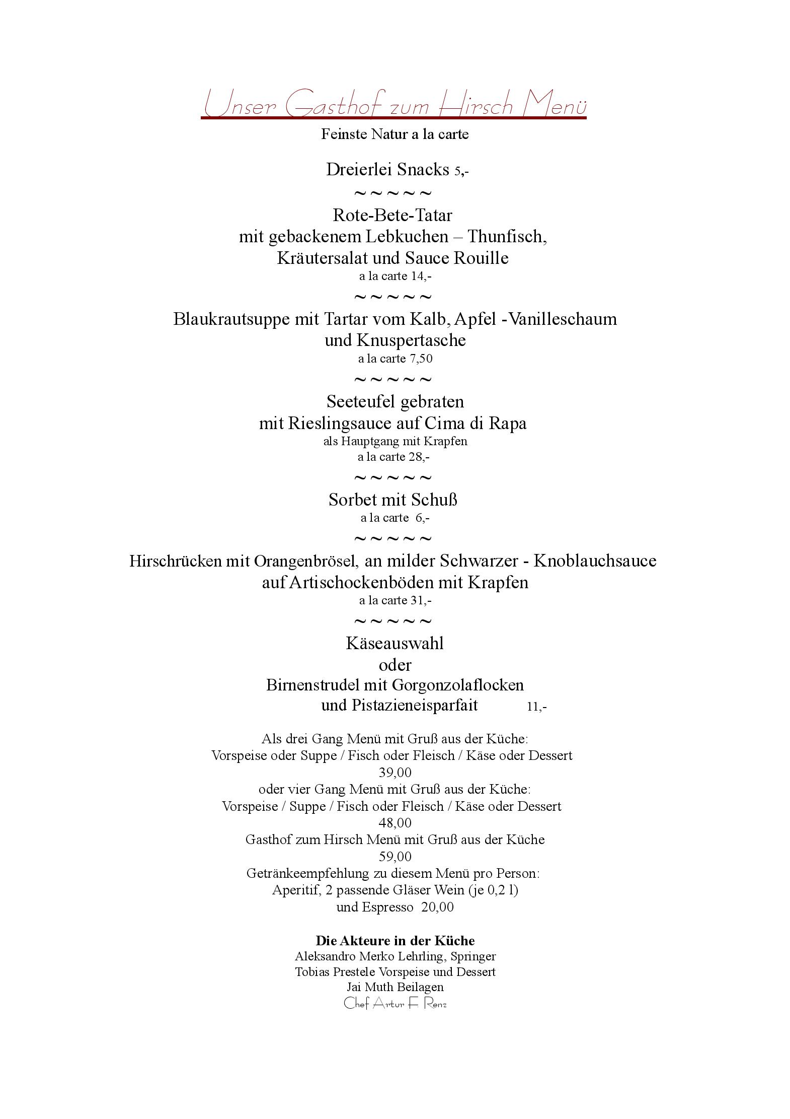Speisekarte Gasthof zum Hirsch in Neukirch, Seite 1