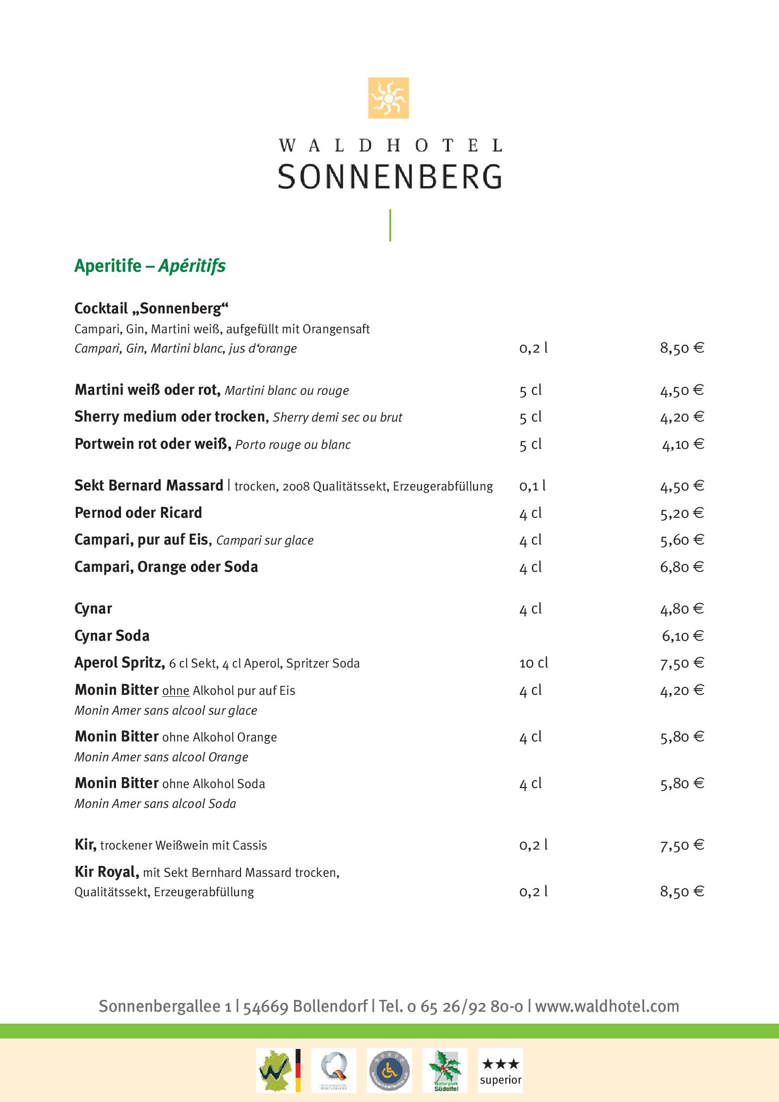 Speisekarte Restaurant Bellevue im Waldhotel Sonnenberg in Bollendorf, Seite 1