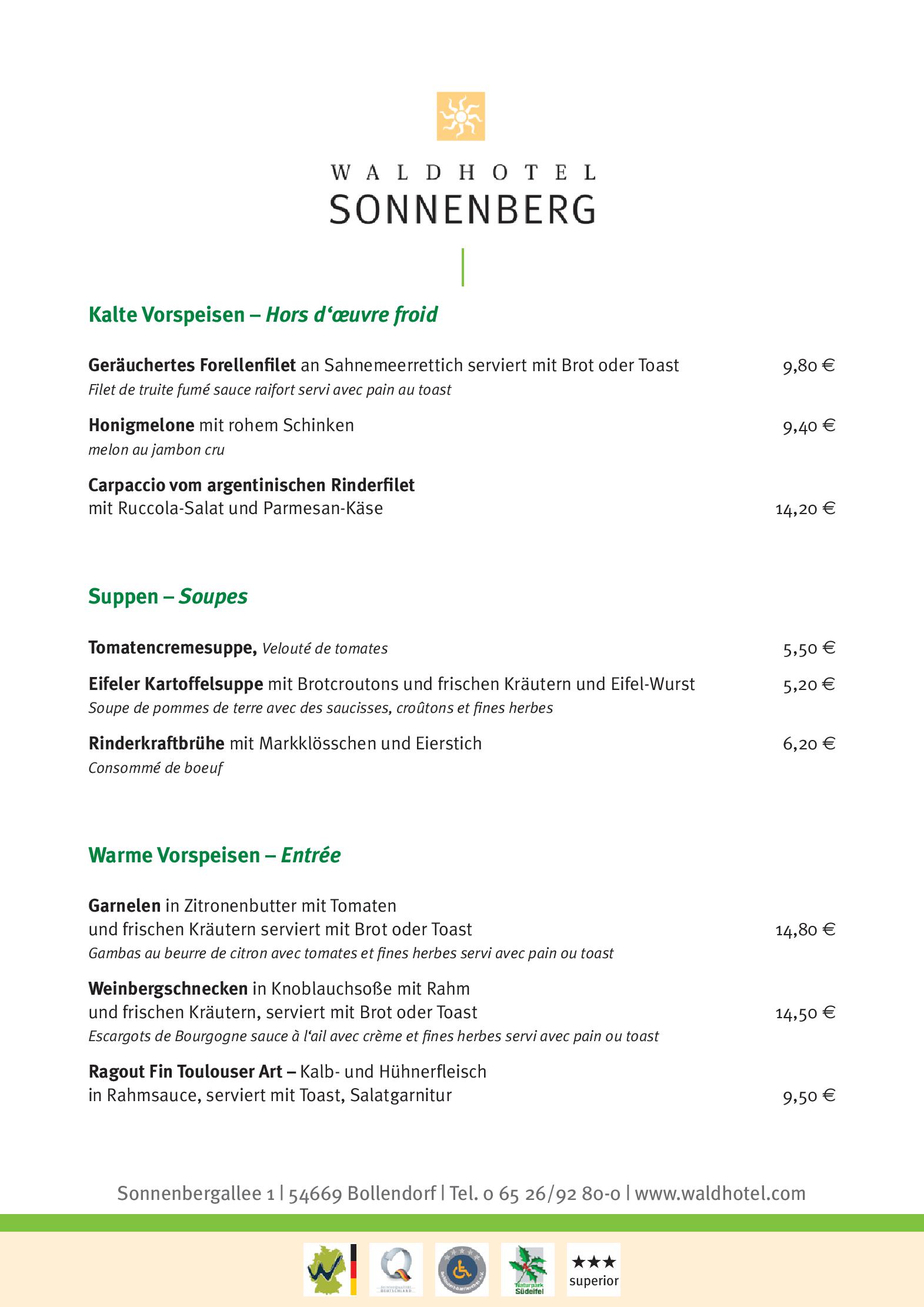 Speisekarte Restaurant Bellevue im Waldhotel Sonnenberg in Bollendorf, Seite 2