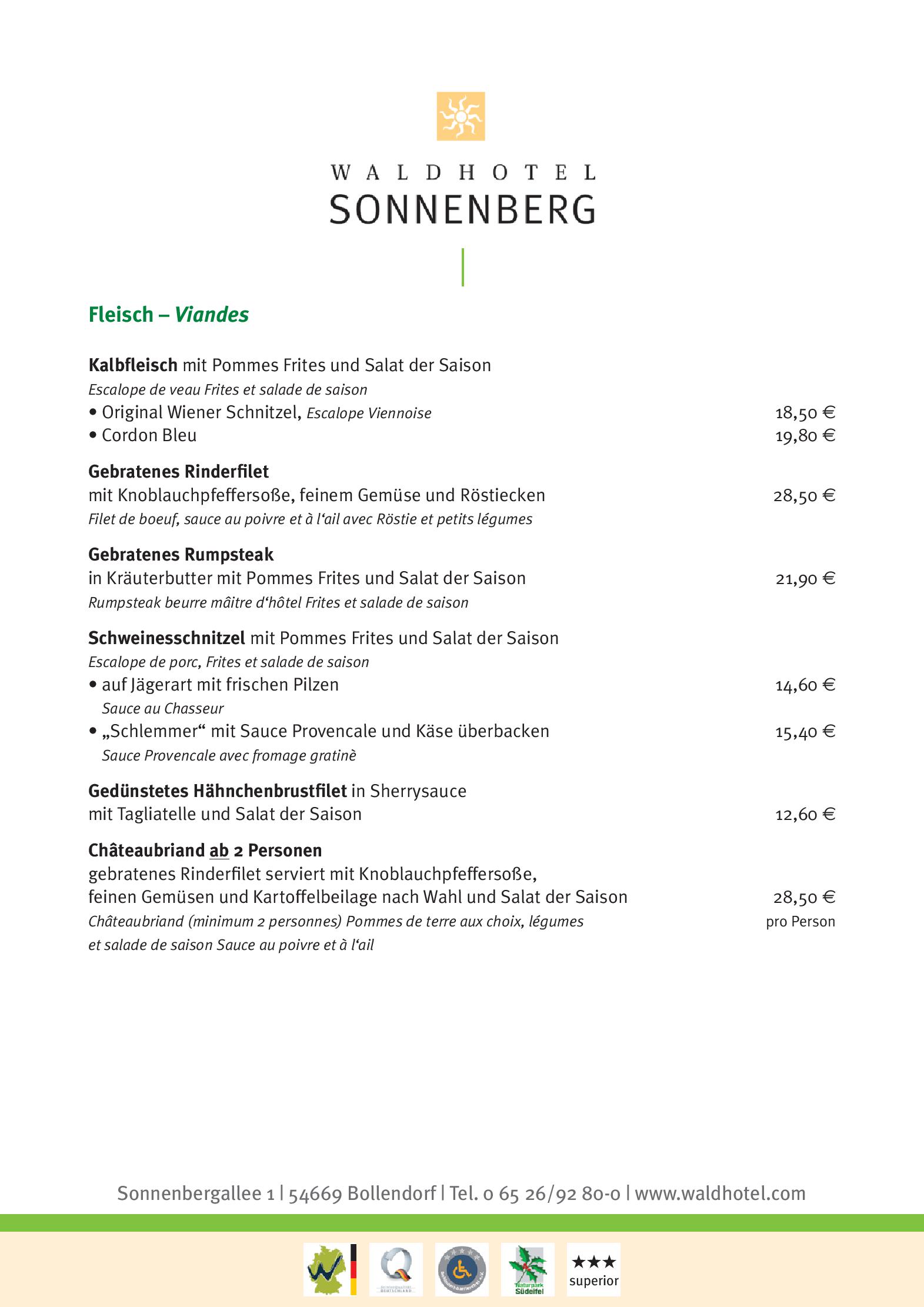Speisekarte Restaurant Bellevue im Waldhotel Sonnenberg in Bollendorf, Seite 6