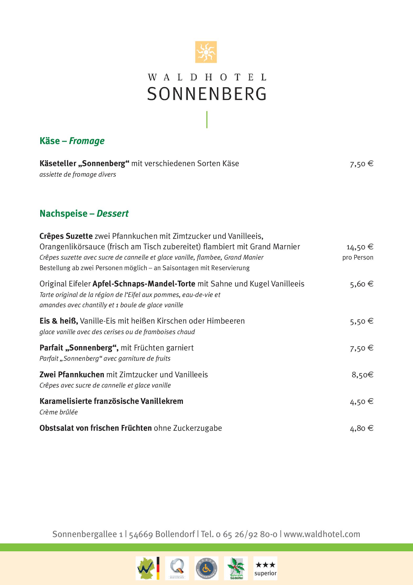 Speisekarte Restaurant Bellevue im Waldhotel Sonnenberg in Bollendorf, Seite 9