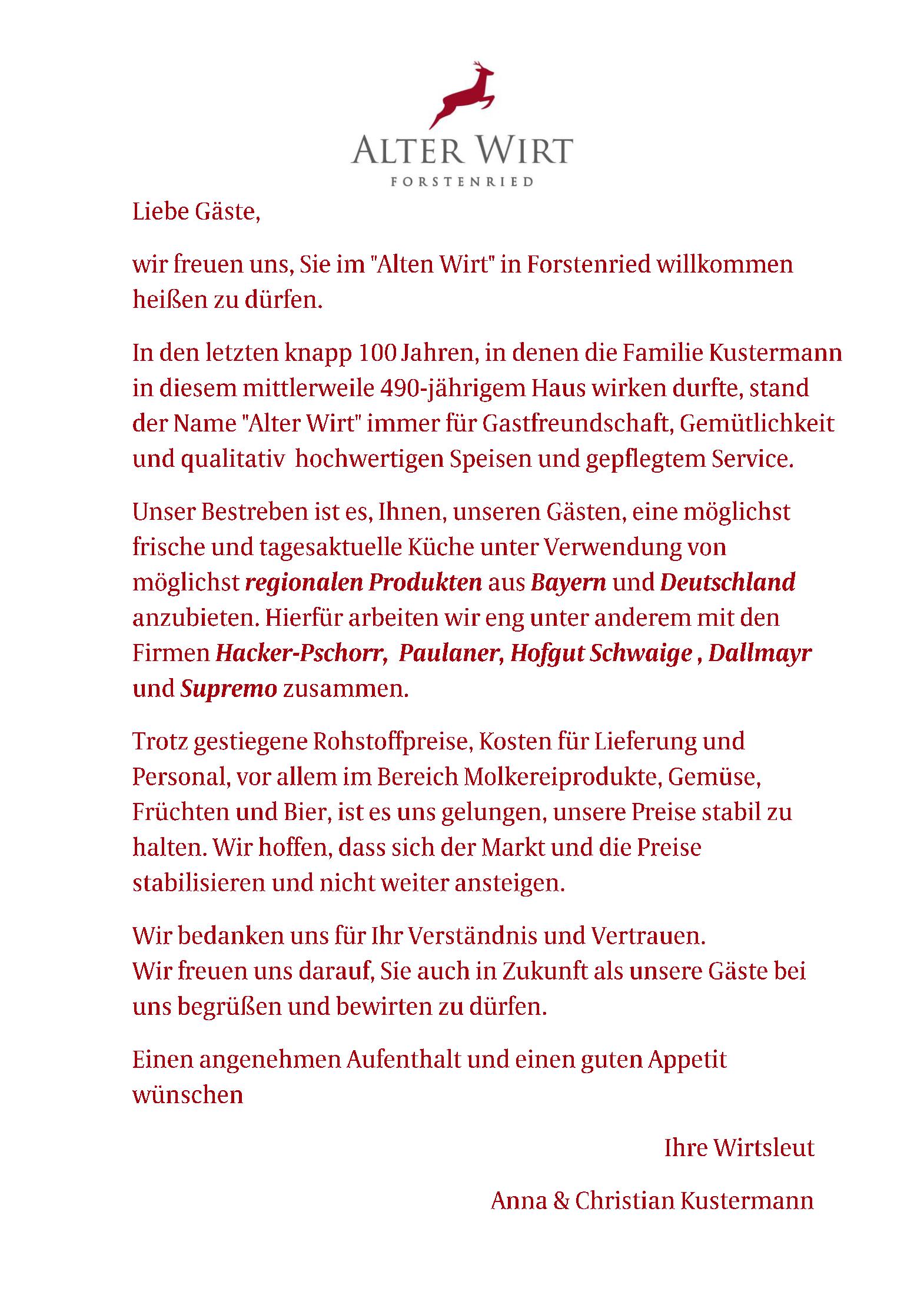 Speisekarte Alter Wirt Forstenried in München, Seite 1