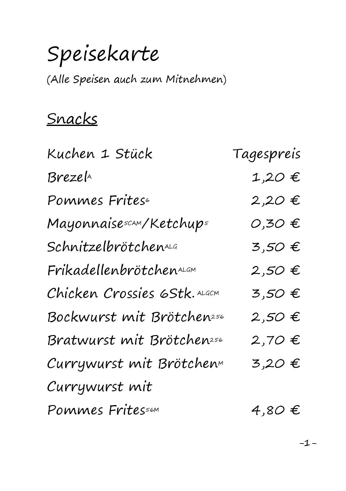 Speisekarte Hallenbad Bistro in Dillenburg, Seite 1