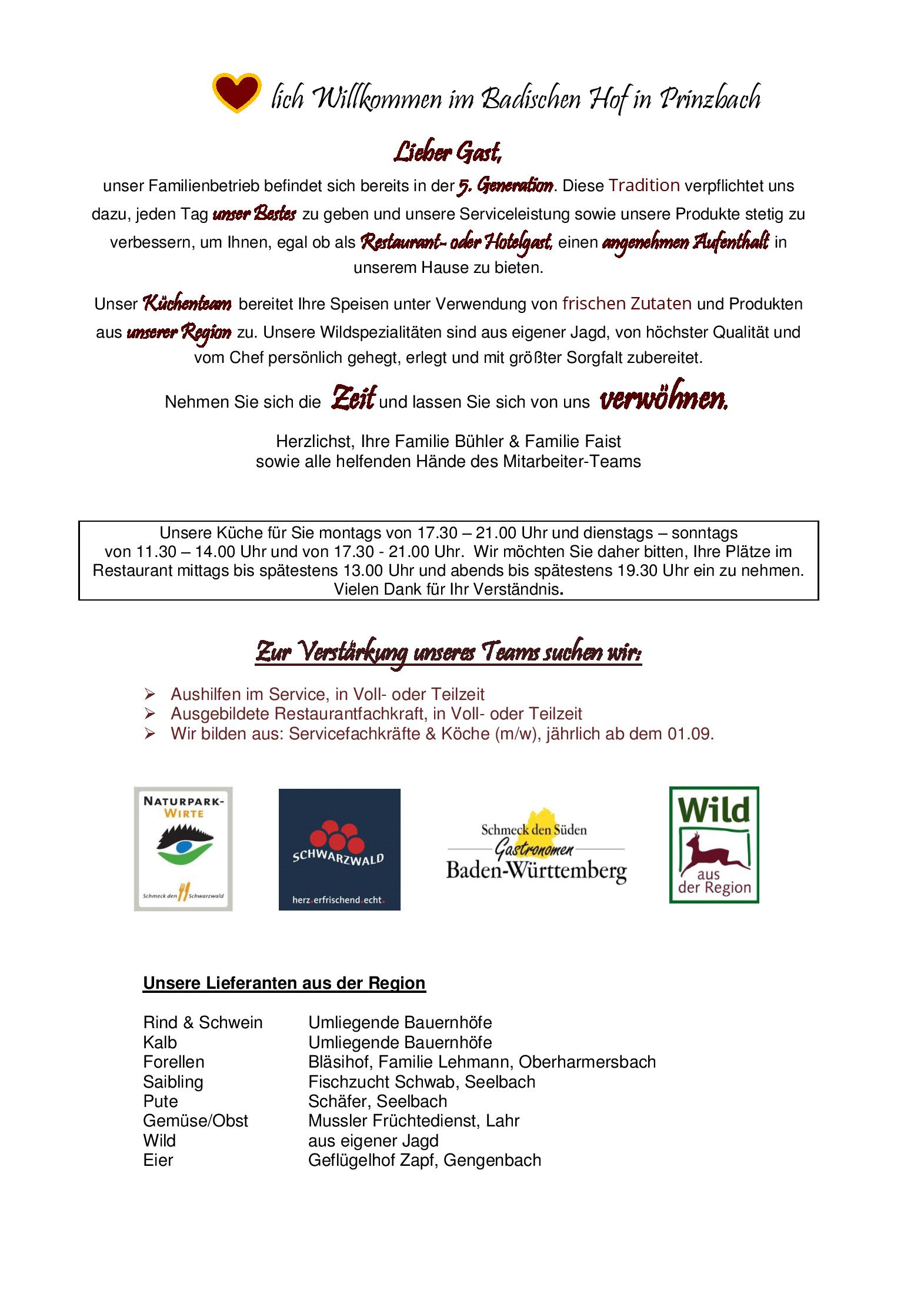Speisekarte Hotel-Restaurant Badischer Hof in Biberach, Seite 1