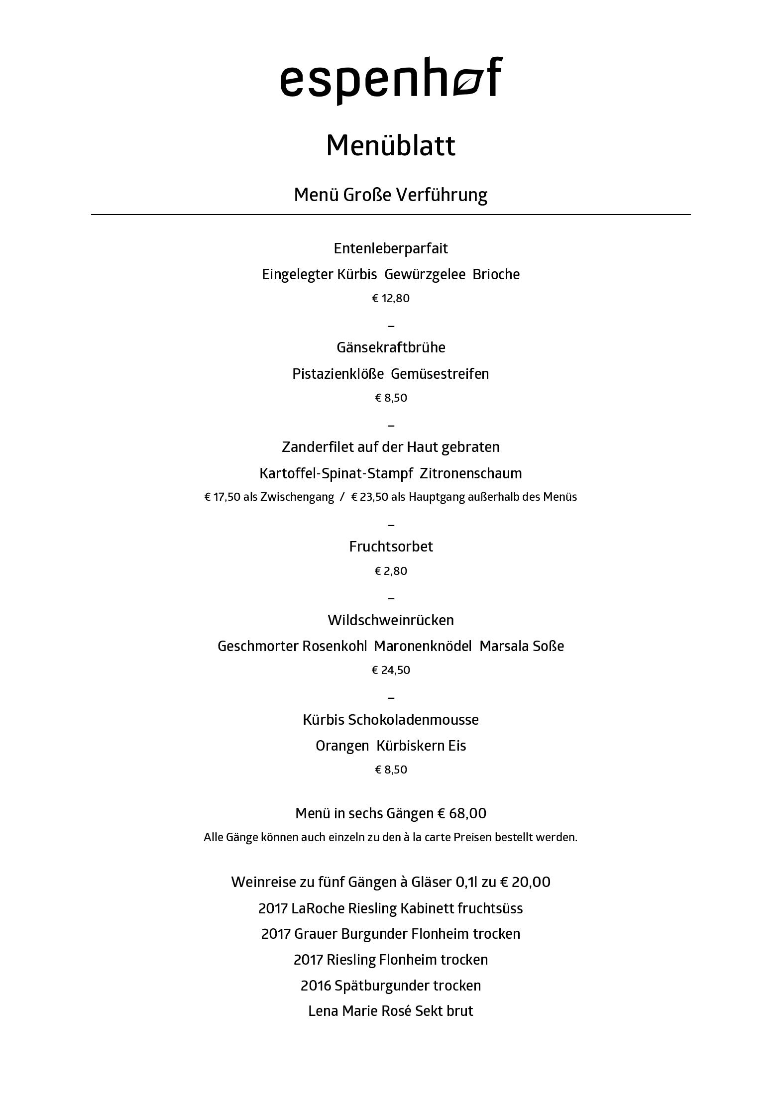 Speisekarte Weinrestaurant Espenhof in Flonheim-Uffhofen, Seite 1