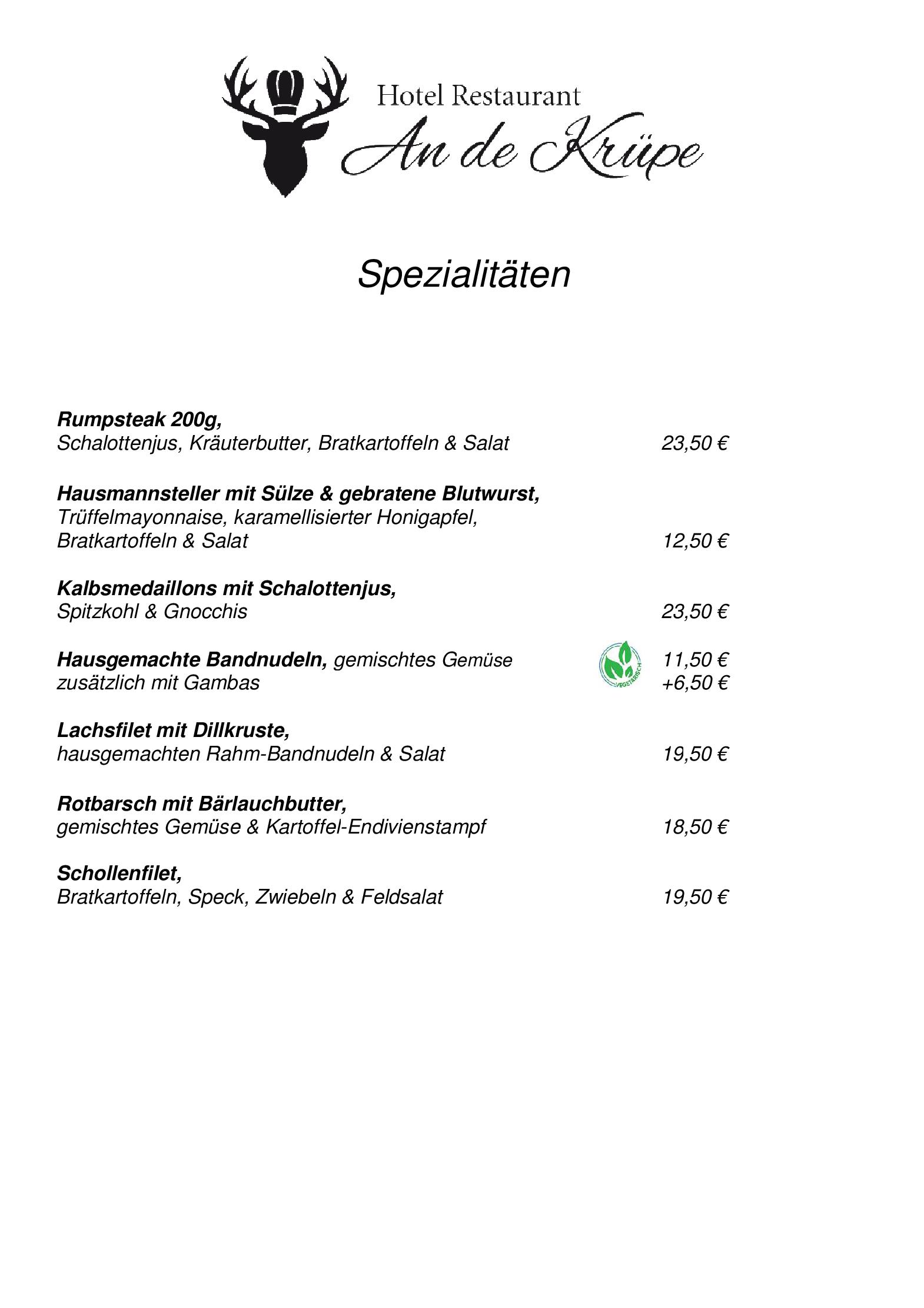 Speisekarte Hotel Restaurant An de Krüpe in Hattingen, Seite 7