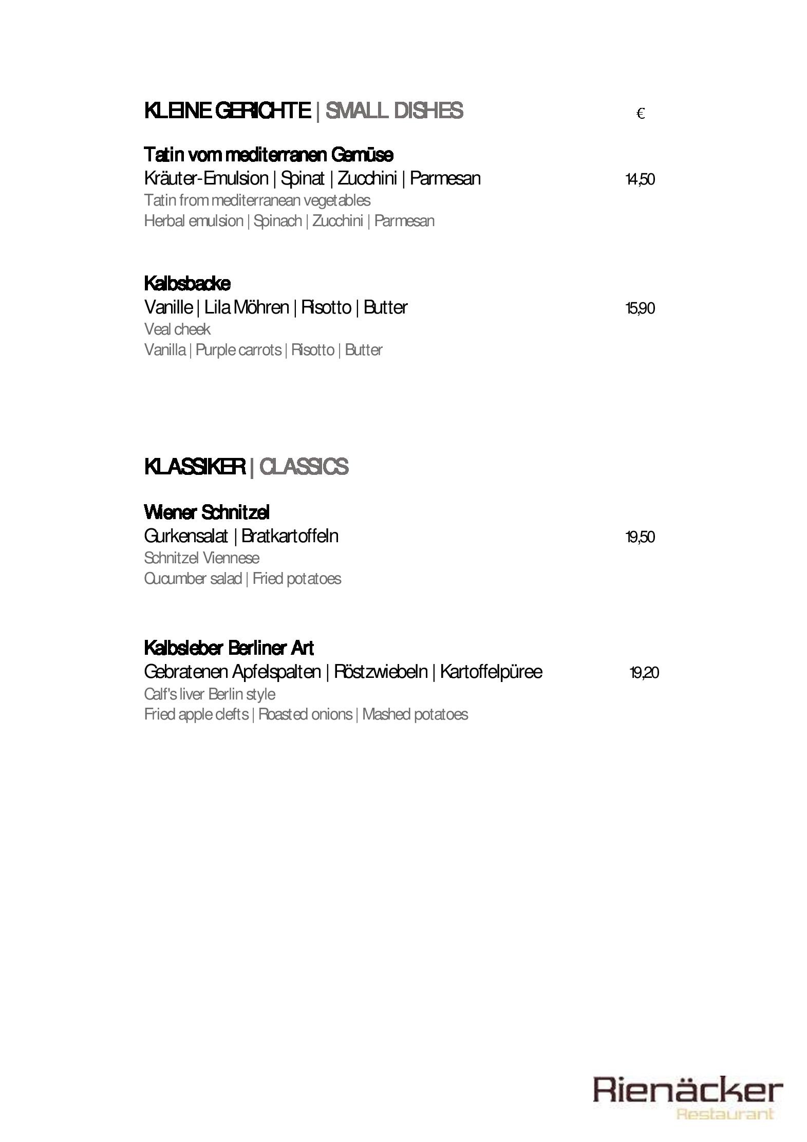 Speisekarte Rienäcker in Berlin, Seite 2