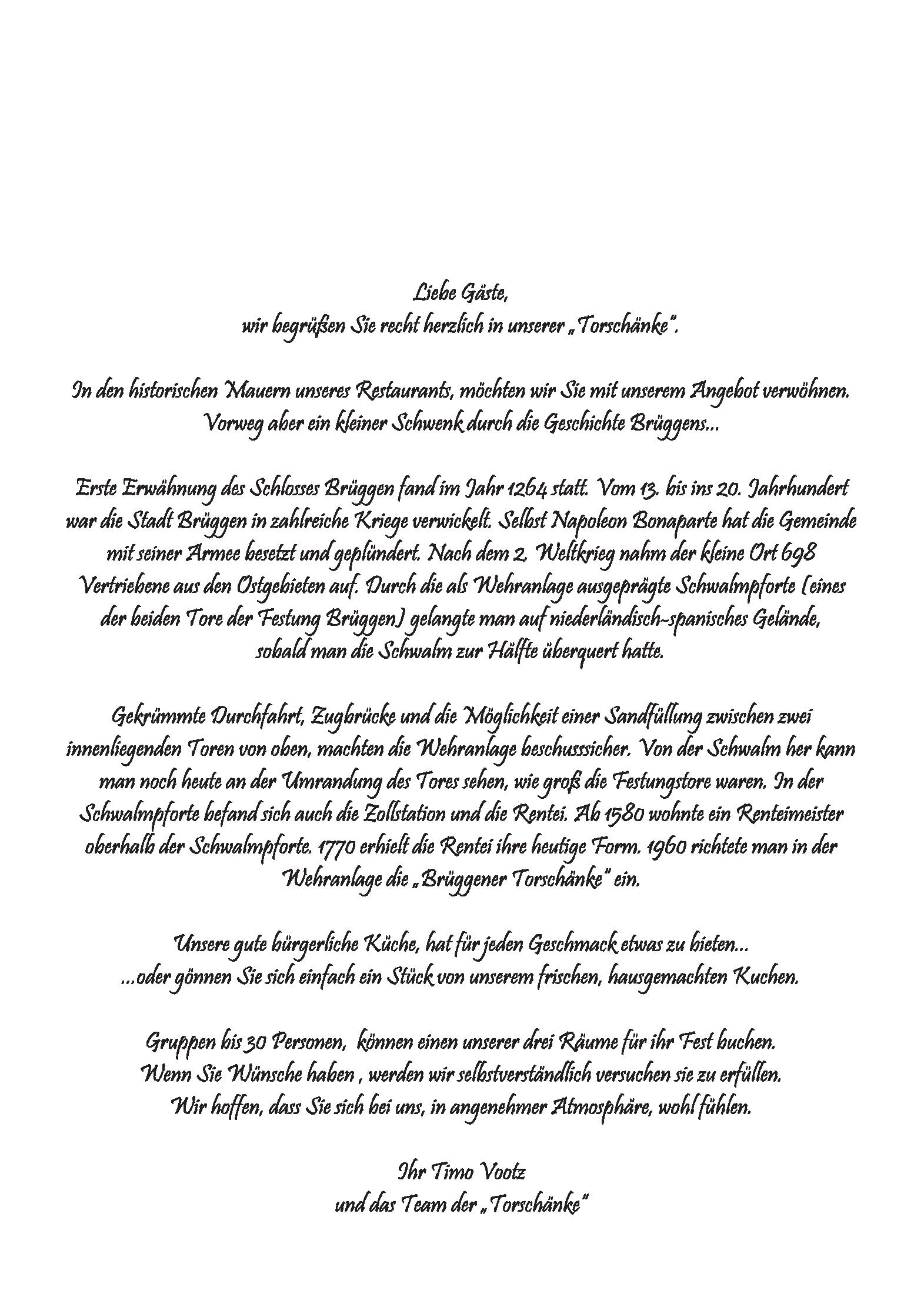 Speisekarte Torschänke Brüggen in Brüggen, Seite 1