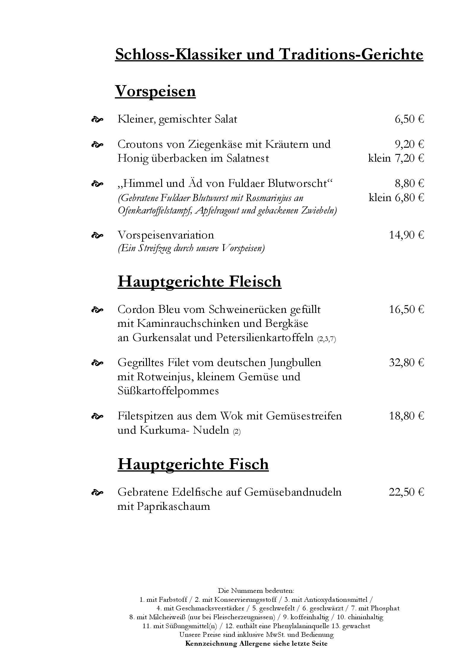 Speisekarte Schlossrestaurant Zentgraf in Gifhorn, Seite 1