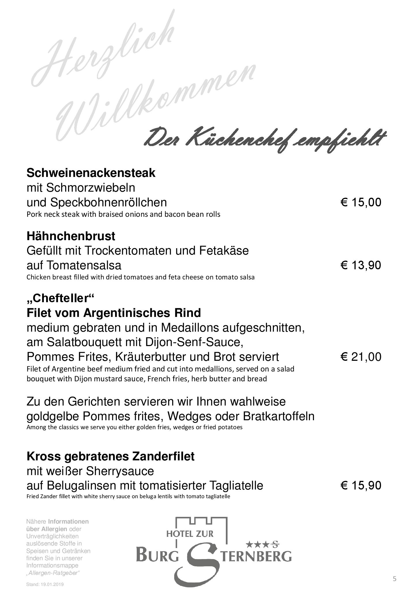 Speisekarte Hotel Zur Burg Sternberg GmbH & Co. KG in Extertal, Seite 5