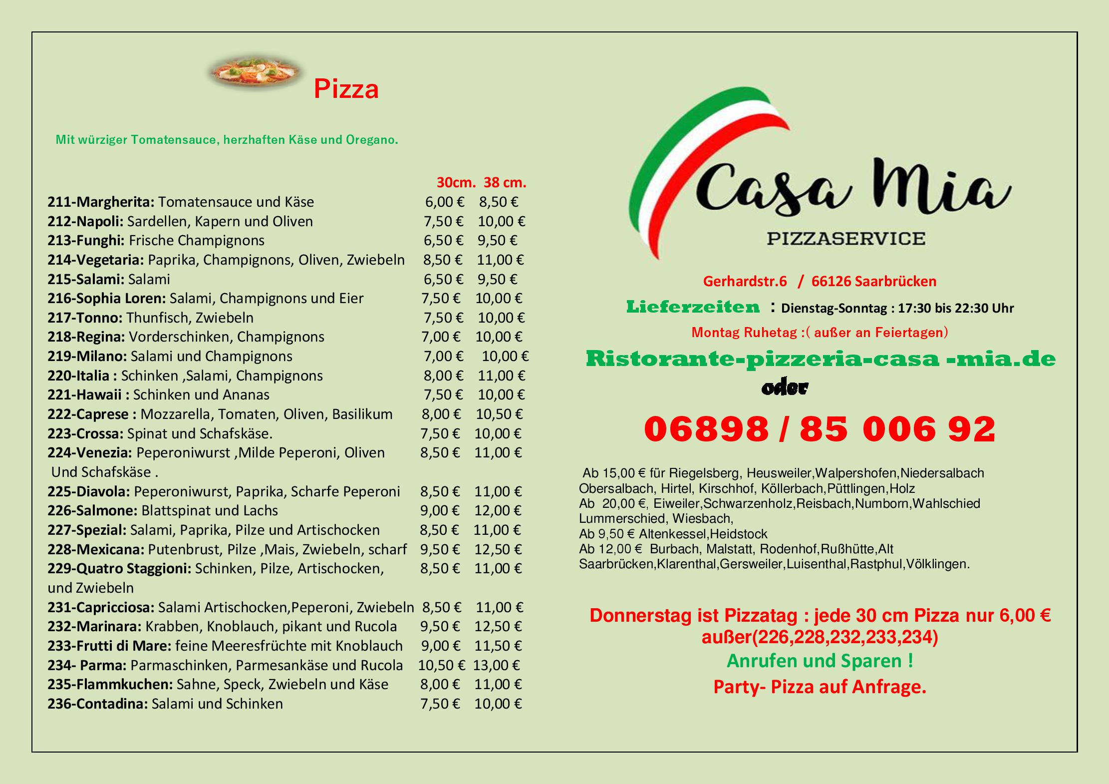 Speisekarte Pizzeria Casa Mia in Heusweiler, Seite 1