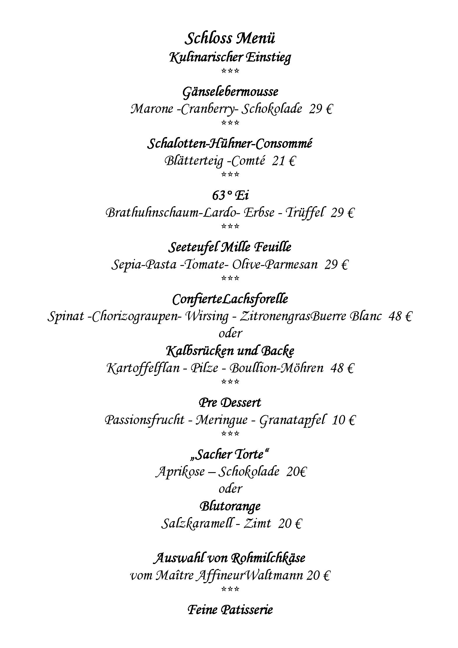 Speisekarte Restaurant Schloss Loersfeld GmbH in Kerpen, Seite 1