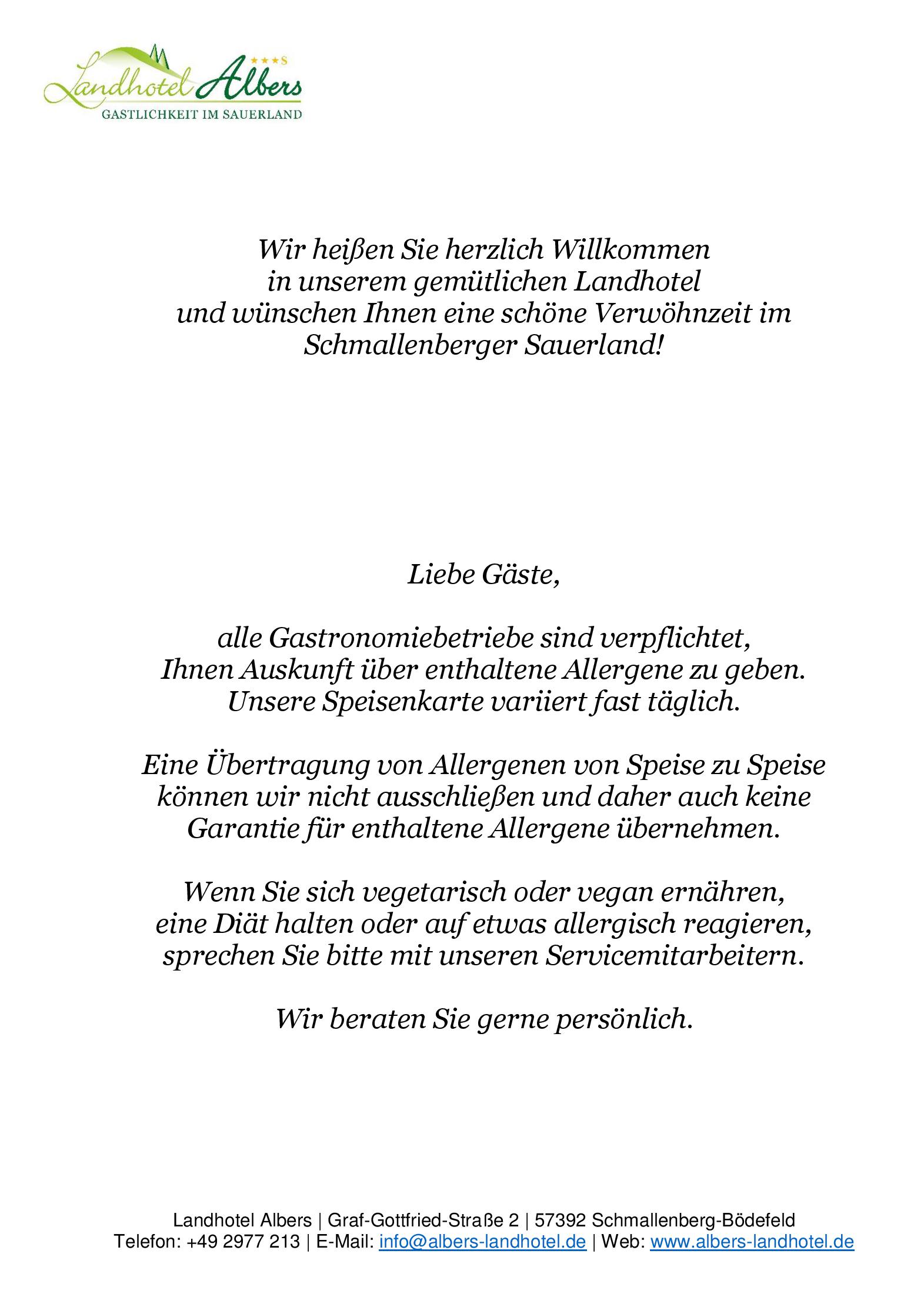 Speisekarte Landhotel Albers in Schmallenberg, Seite 2