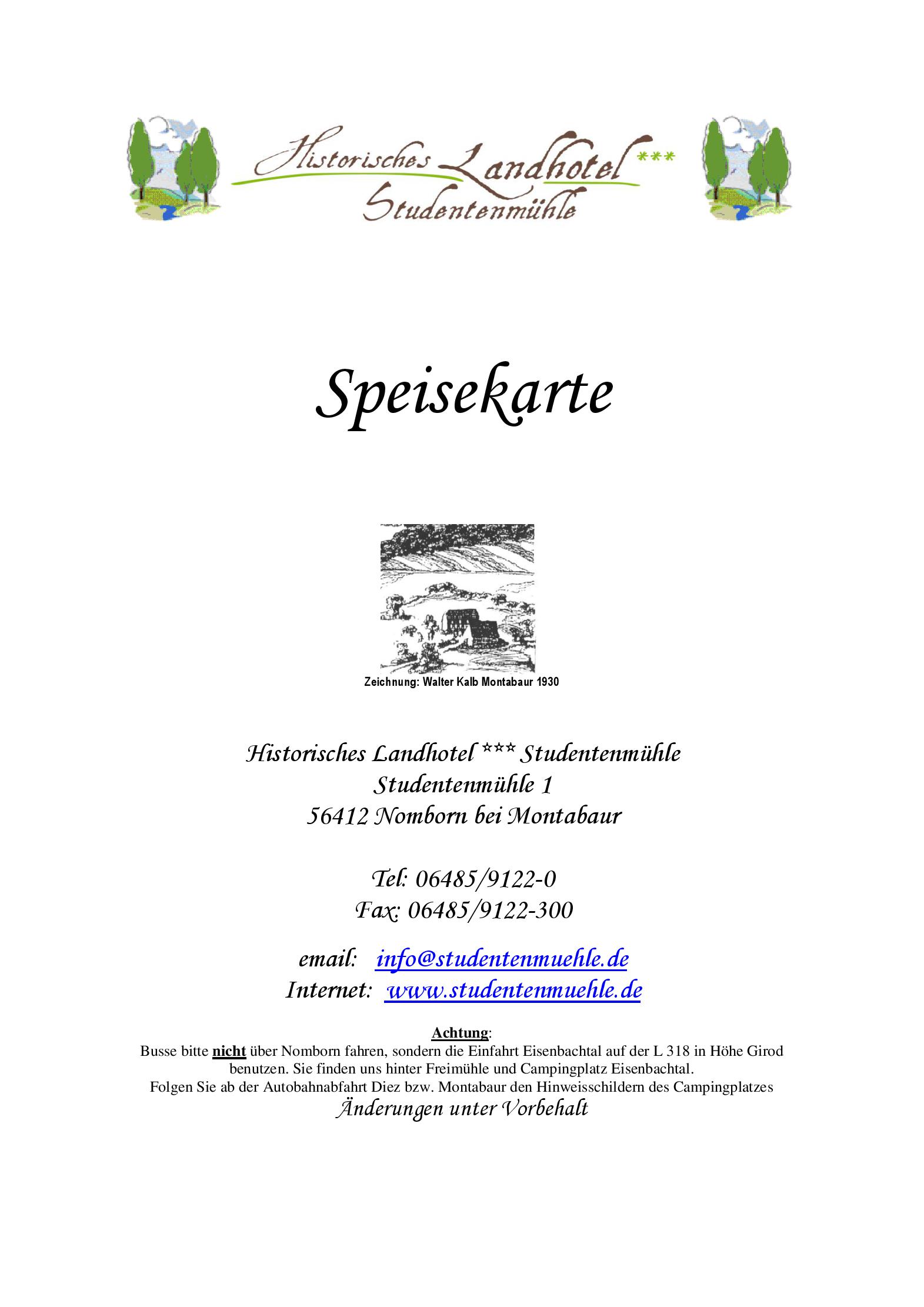 Speisekarte Historisches Landhotel *** Studentenmühle in Nomborn, Seite 1