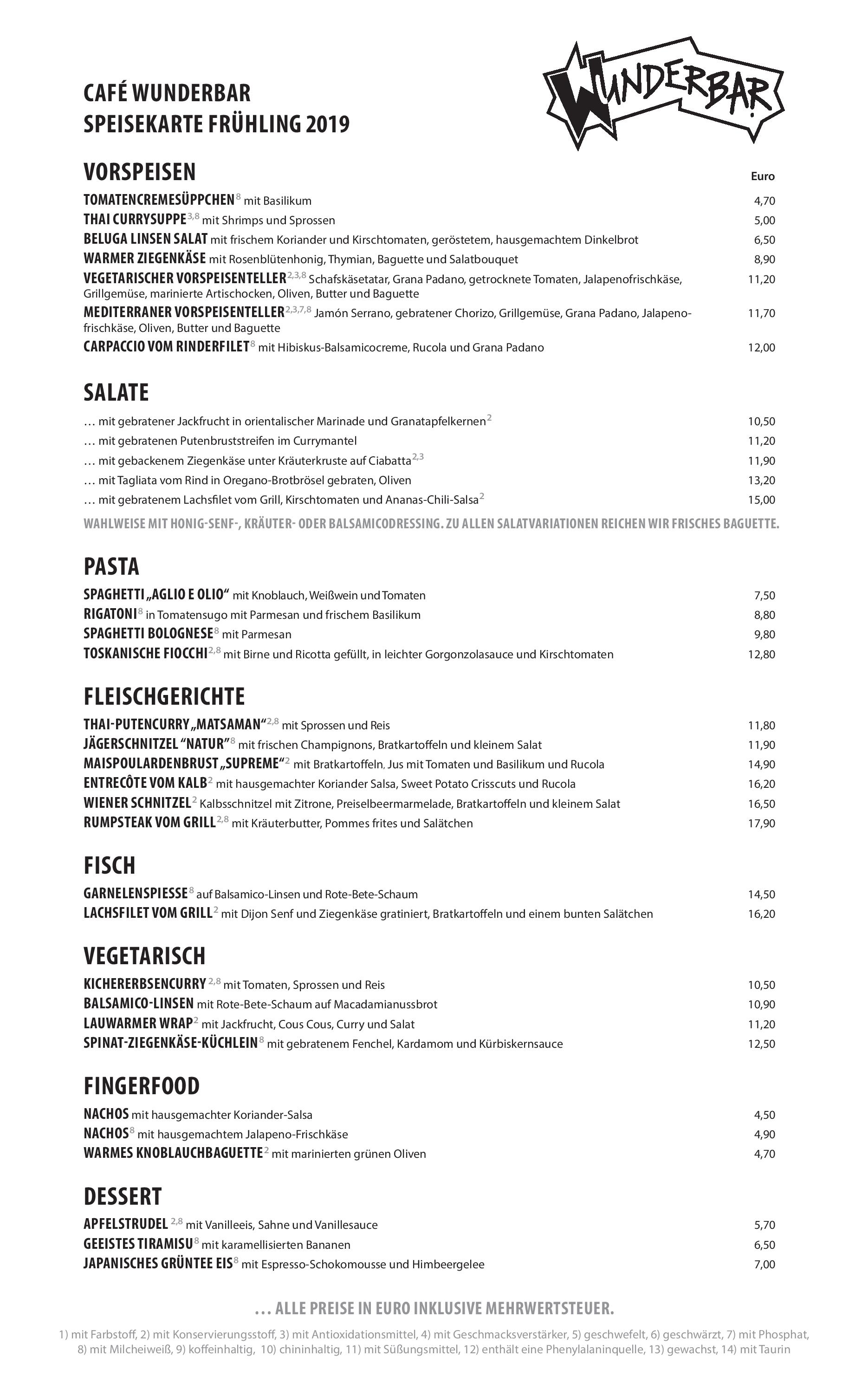 Speisekarte Cafe Bar Restaurant 'Wunderbar' in Frankfurt am Main, Seite 1