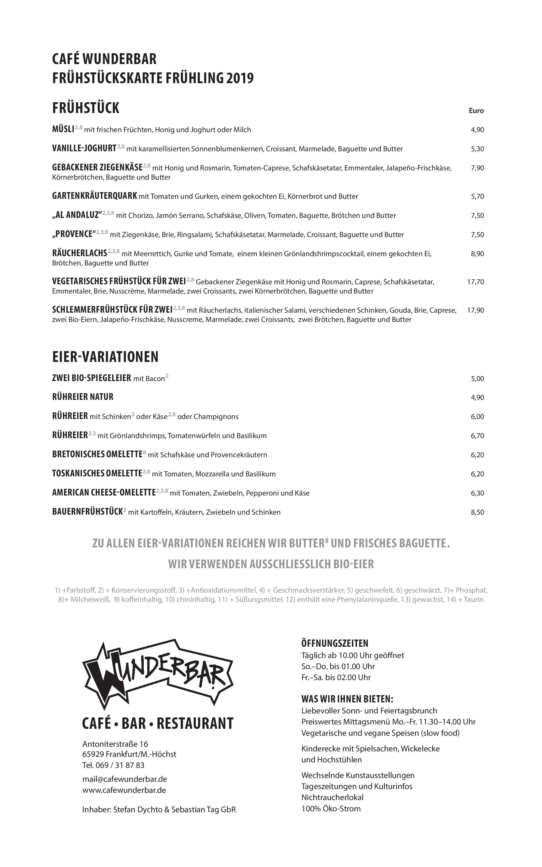 Speisekarte Cafe Bar Restaurant 'Wunderbar' in Frankfurt am Main, Seite 2