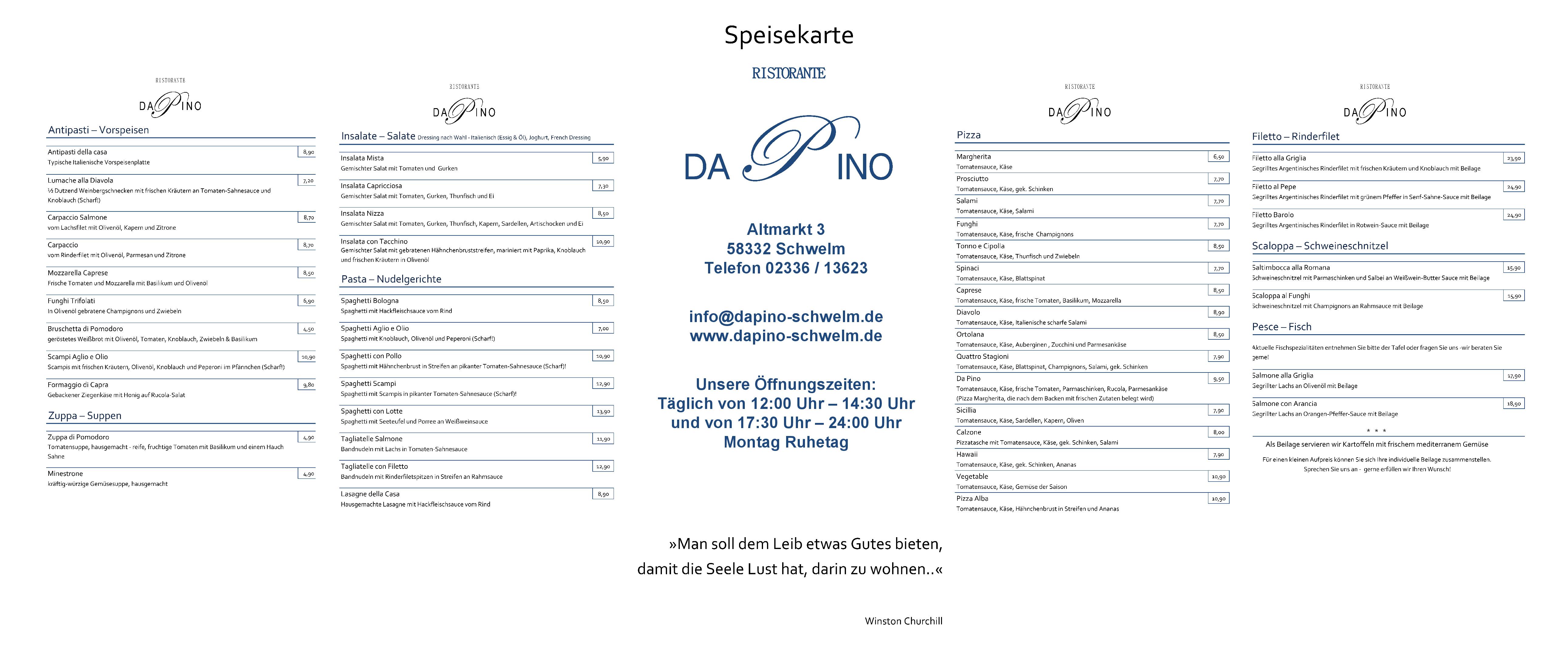 Speisekarte Ristorante Da Pino in Schwelm, Seite 1