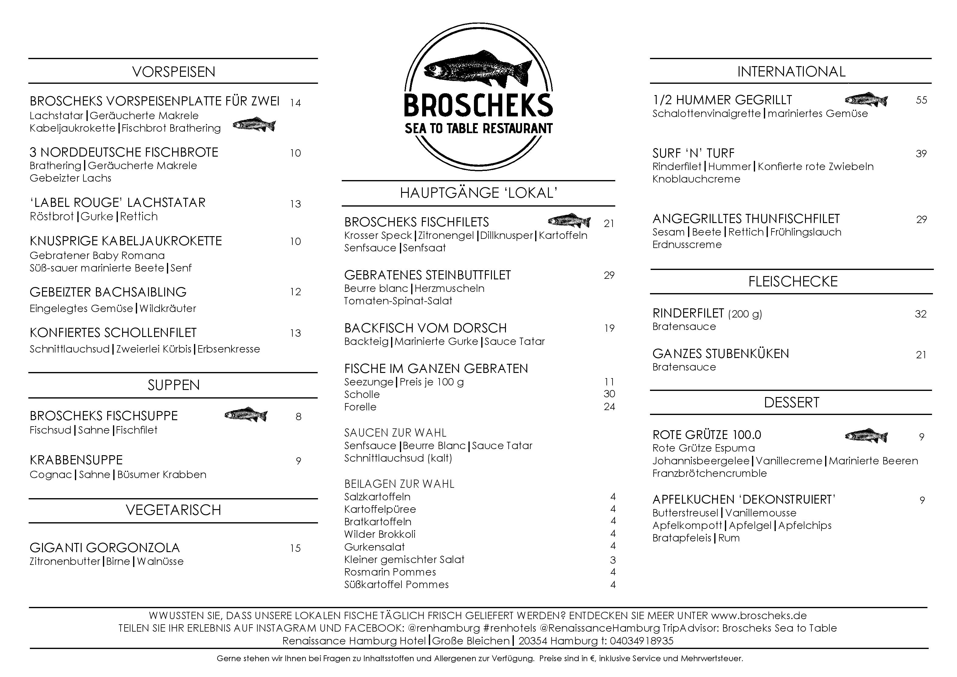 Speisekarte Broscheks Sea to Table Restaurant im Hotel Renaissance in Hamburg, Seite 1