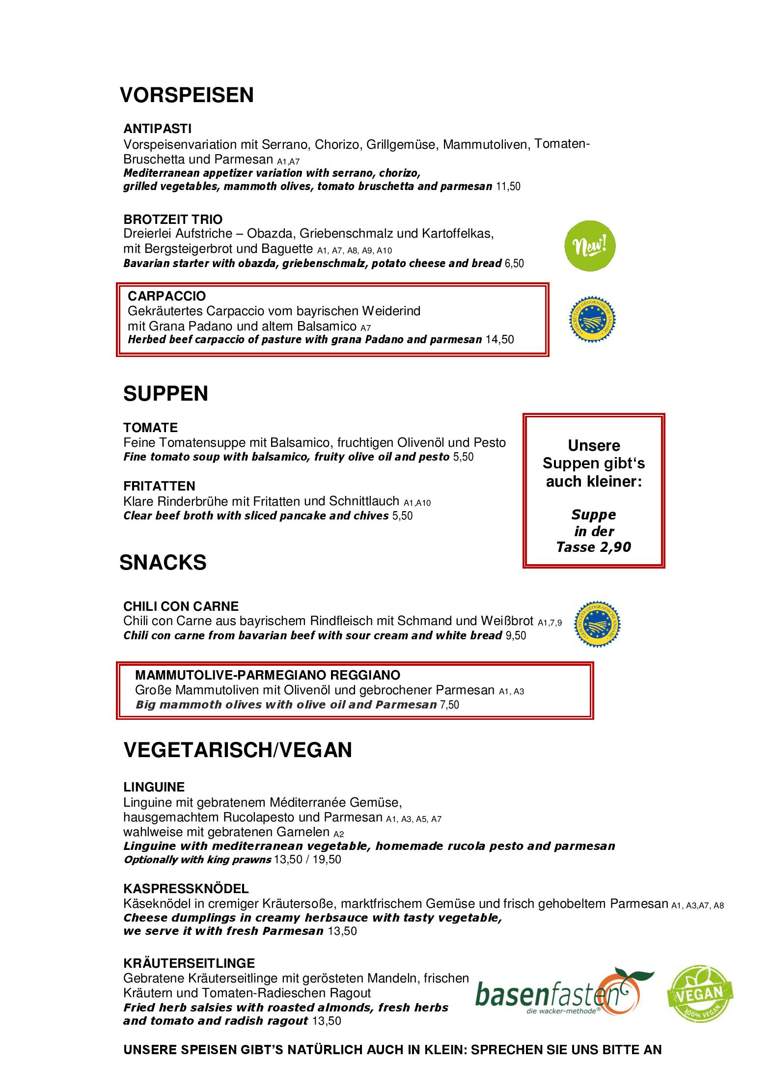 Speisekarte ASAM Restaurant & Biergarten in Straubing, Seite 1